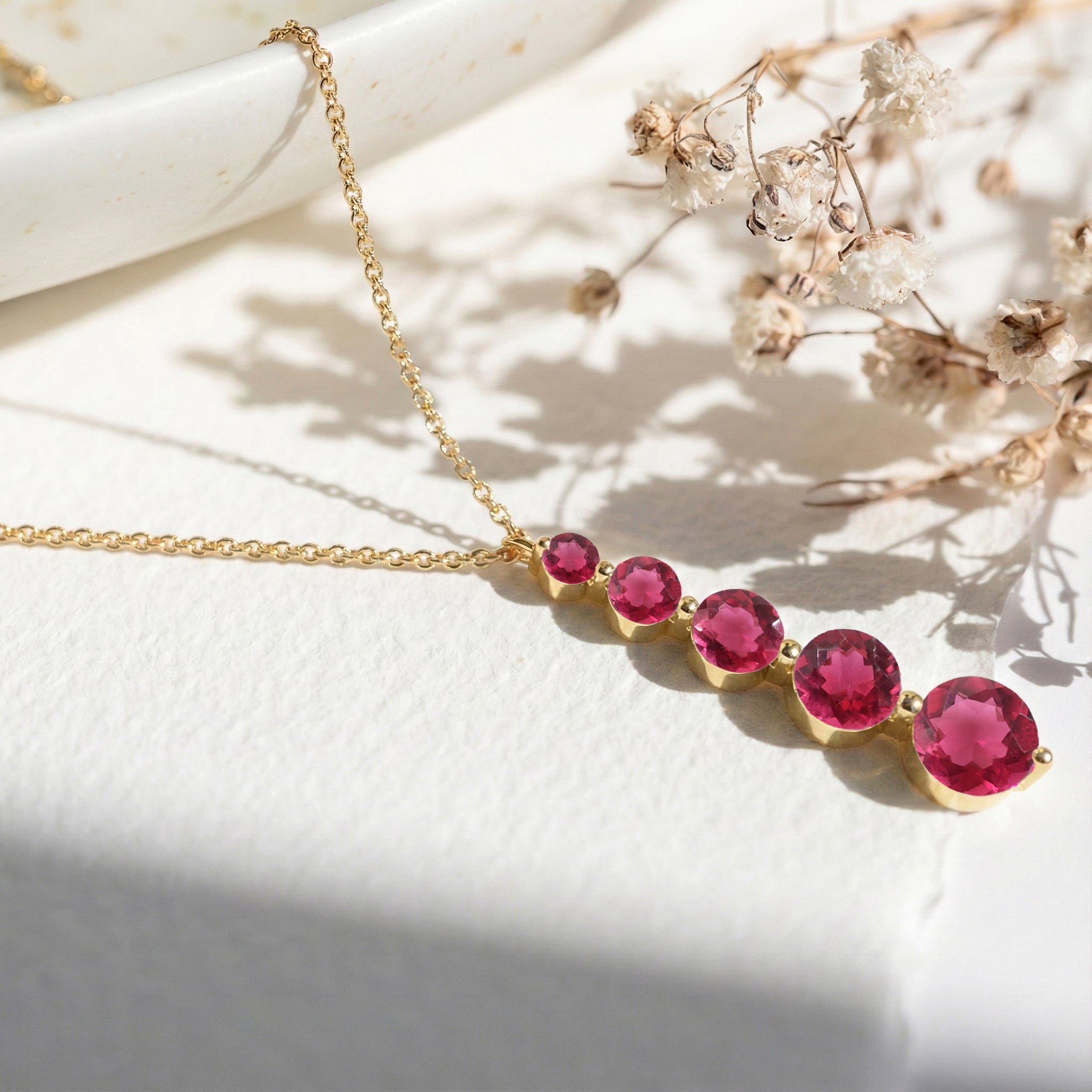 Pink Tourmaline  Round 5 Stone Bar Pendant Necklace in 925 Sterling Silver 3.90ct