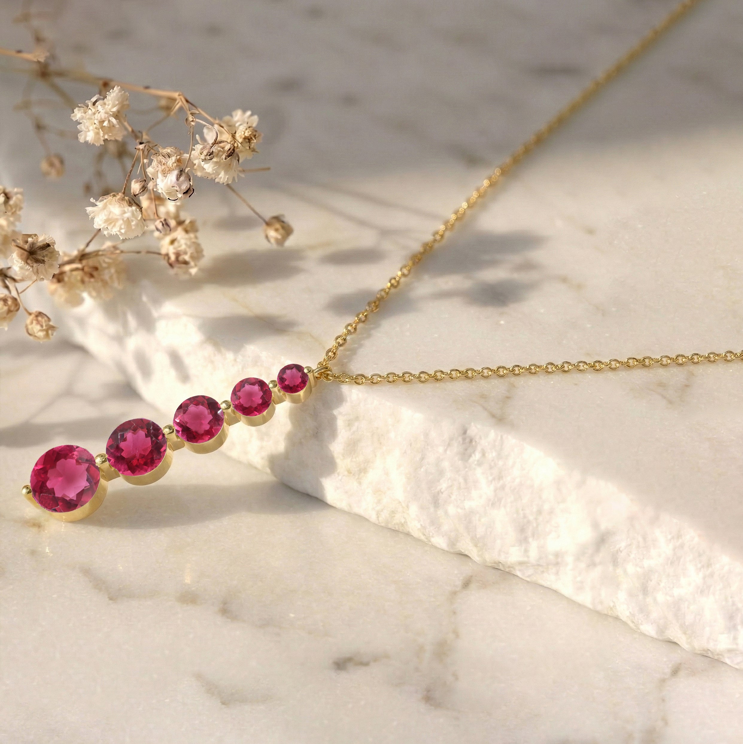 Pink Tourmaline  Round 5 Stone Bar Pendant Necklace in 925 Sterling Silver 3.90ct
