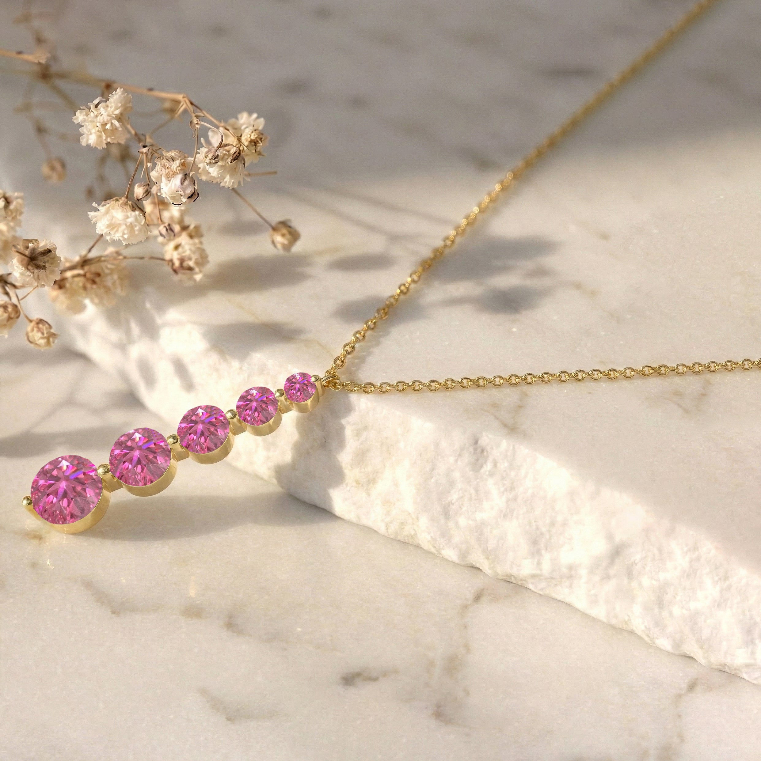 Pink Tourmaline Round 5 Stone Bar Pendant Necklace in Yellow Gold Plated 3.90ct