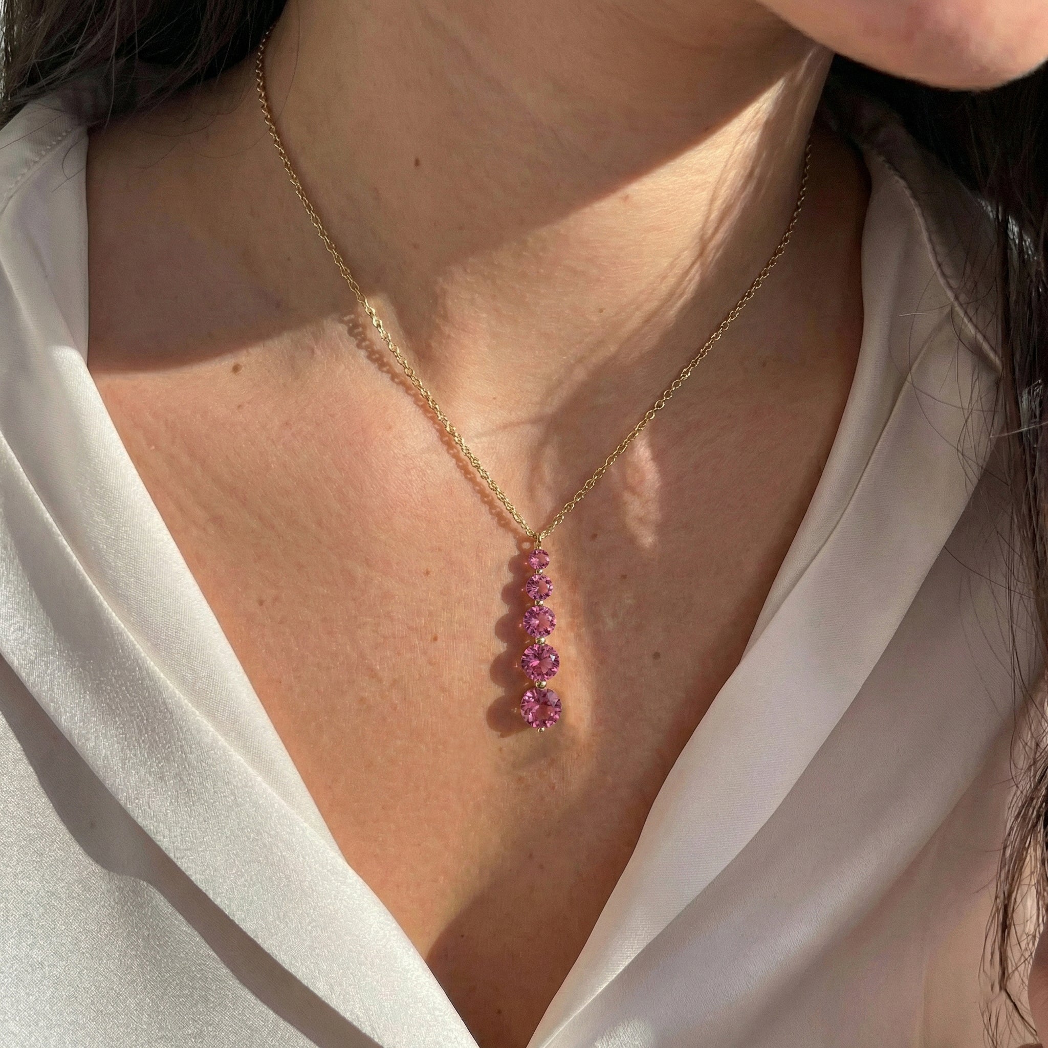 Pink Tourmaline Round 5 Stone Bar Pendant Necklace in Yellow Gold Plated 3.90ct