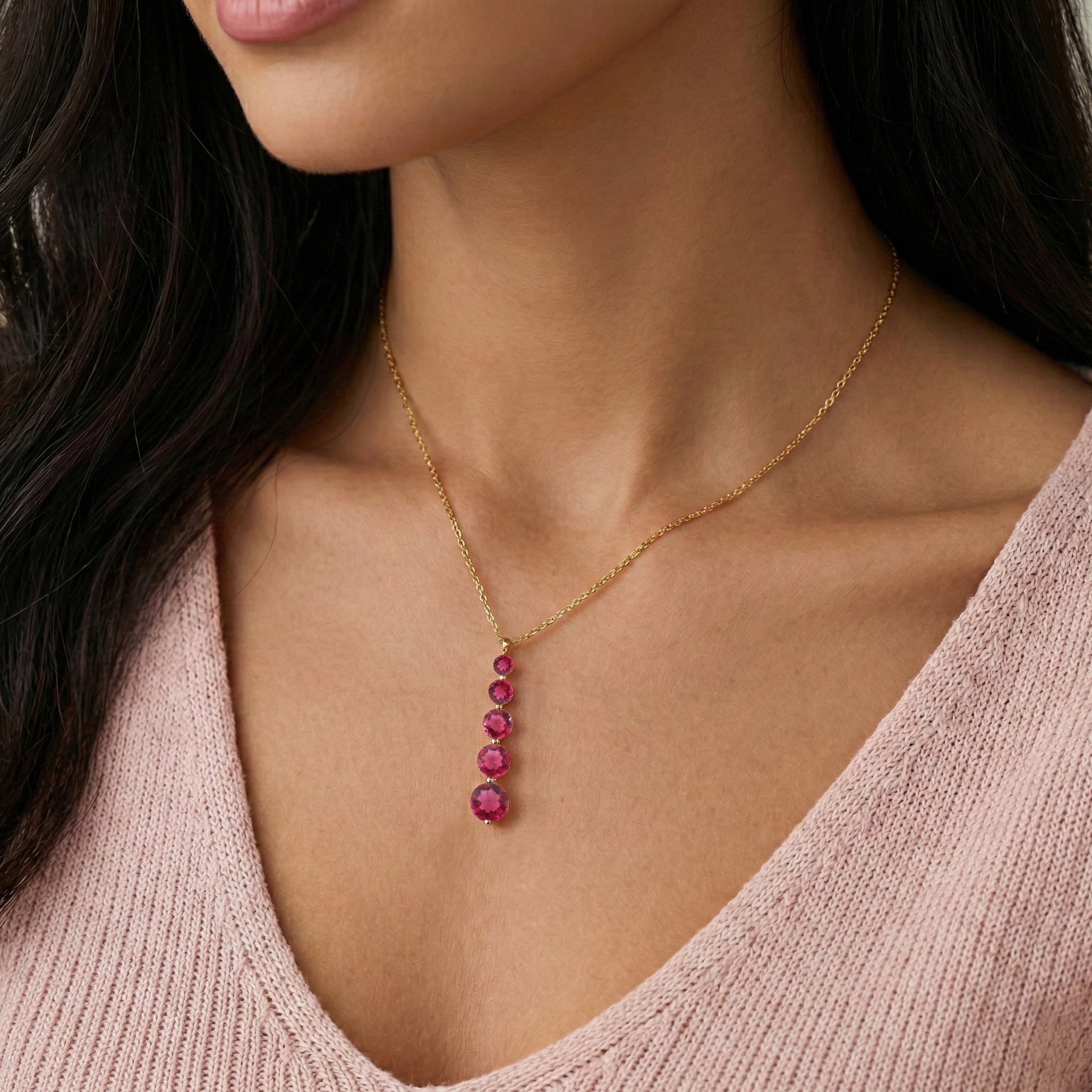 Pink Tourmaline  Round 5 Stone Bar Pendant Necklace in 925 Sterling Silver 3.90ct