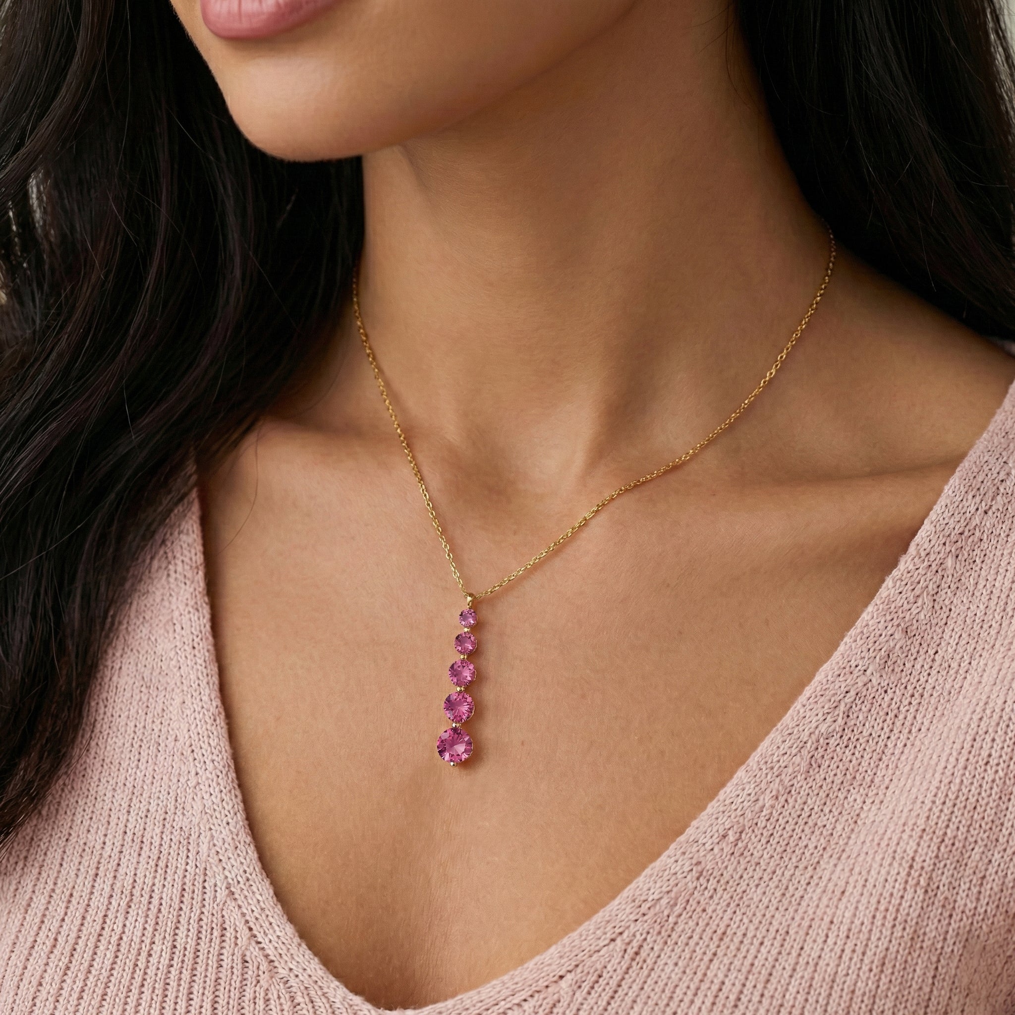 Pink Tourmaline Round 5 Stone Bar Pendant Necklace in Yellow Gold Plated 3.90ct