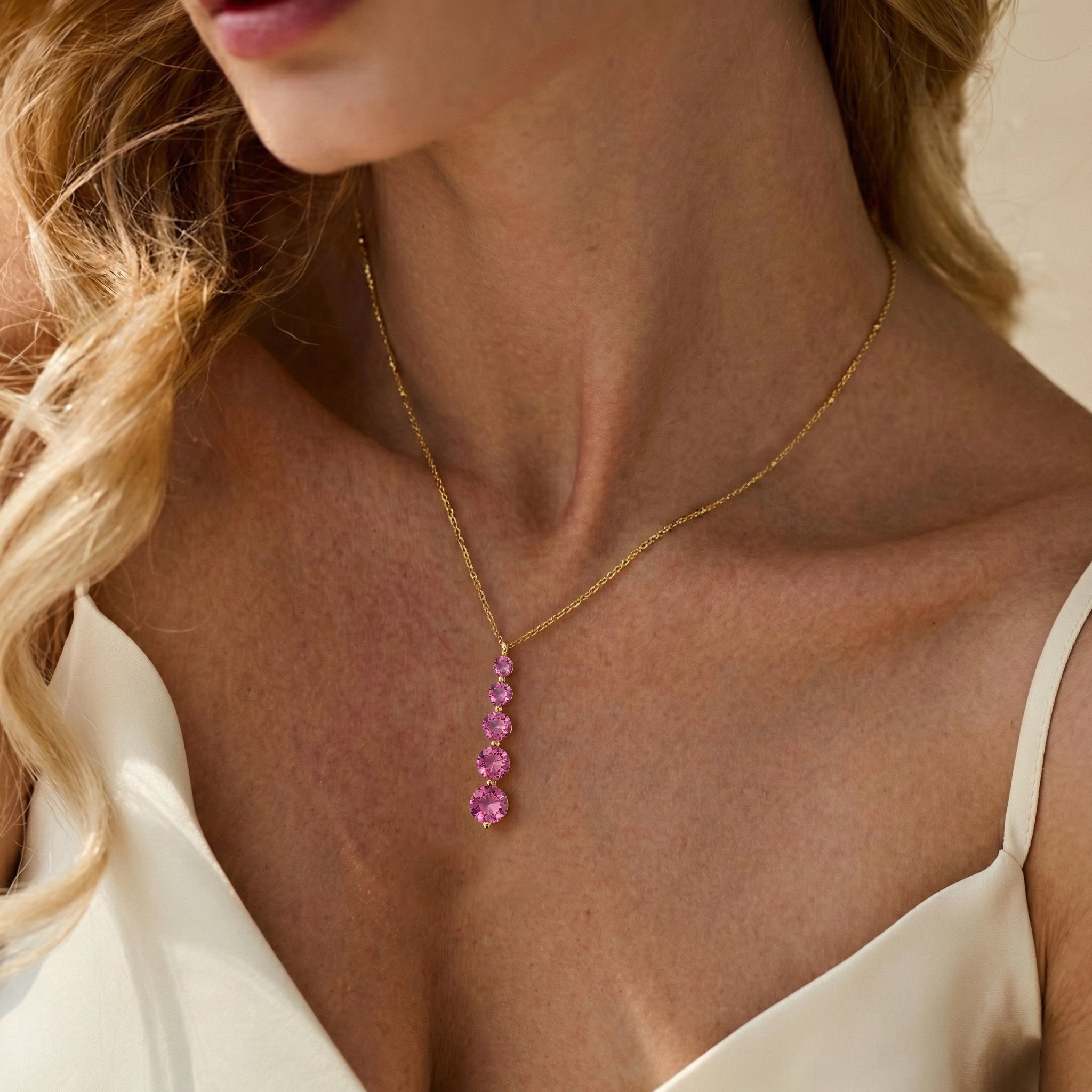 Pink Tourmaline Round 5 Stone Bar Pendant Necklace in Yellow Gold Plated 3.90ct