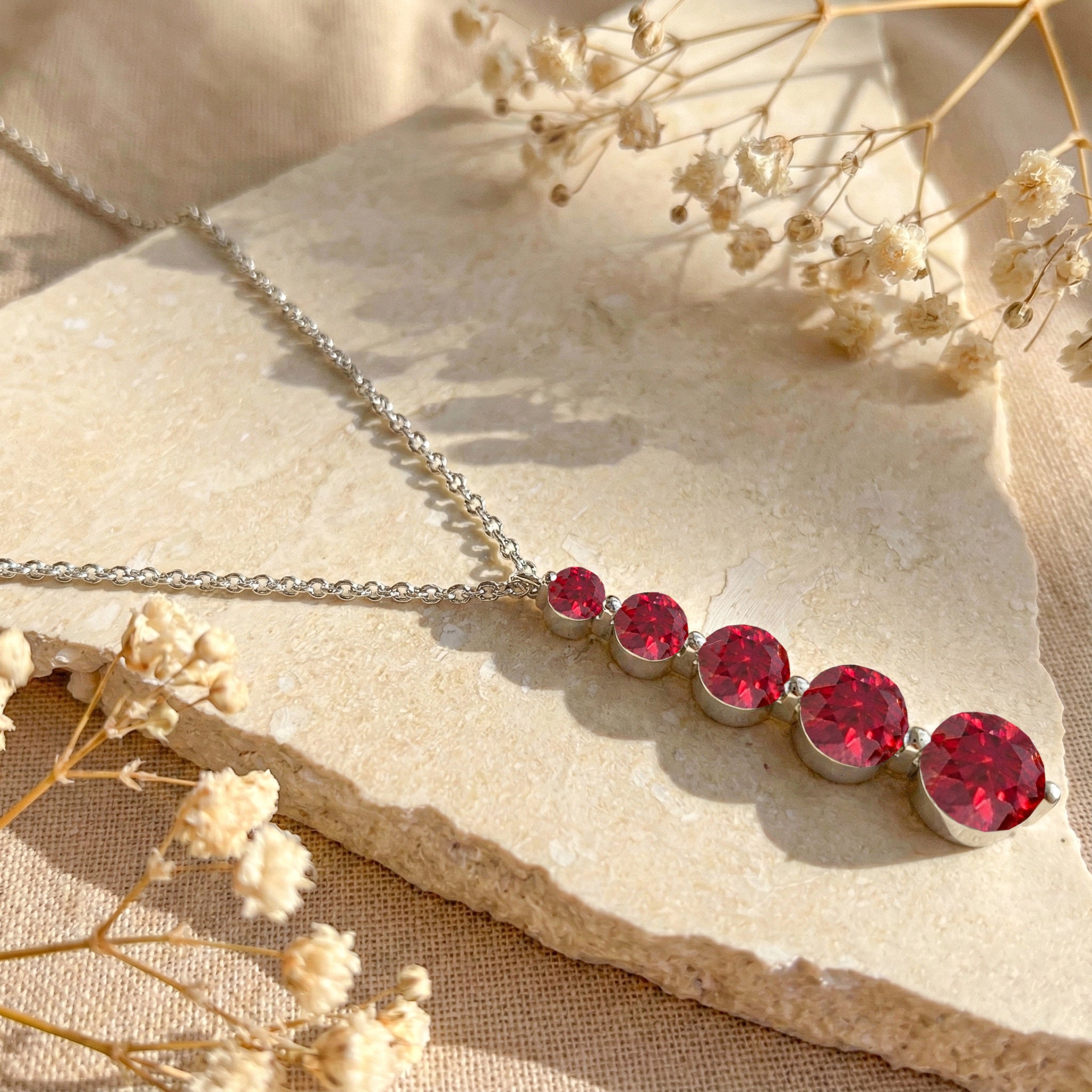 Ruby Round 5 Stone Bar Pendant Necklace in 925 Sterling Silver 3.90ct
