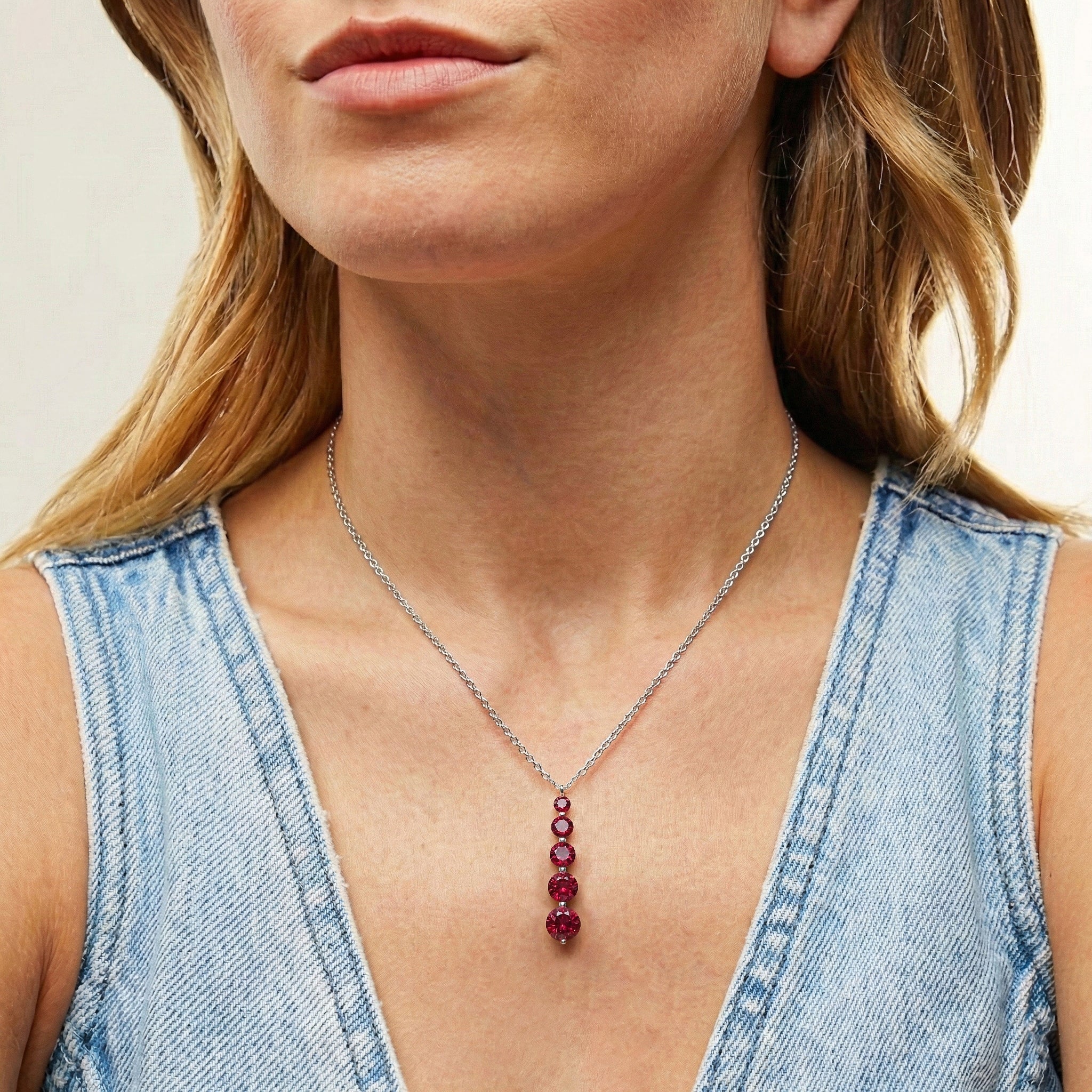 Ruby Round 5 Stone Bar Pendant Necklace in 925 Sterling Silver 3.90ct

