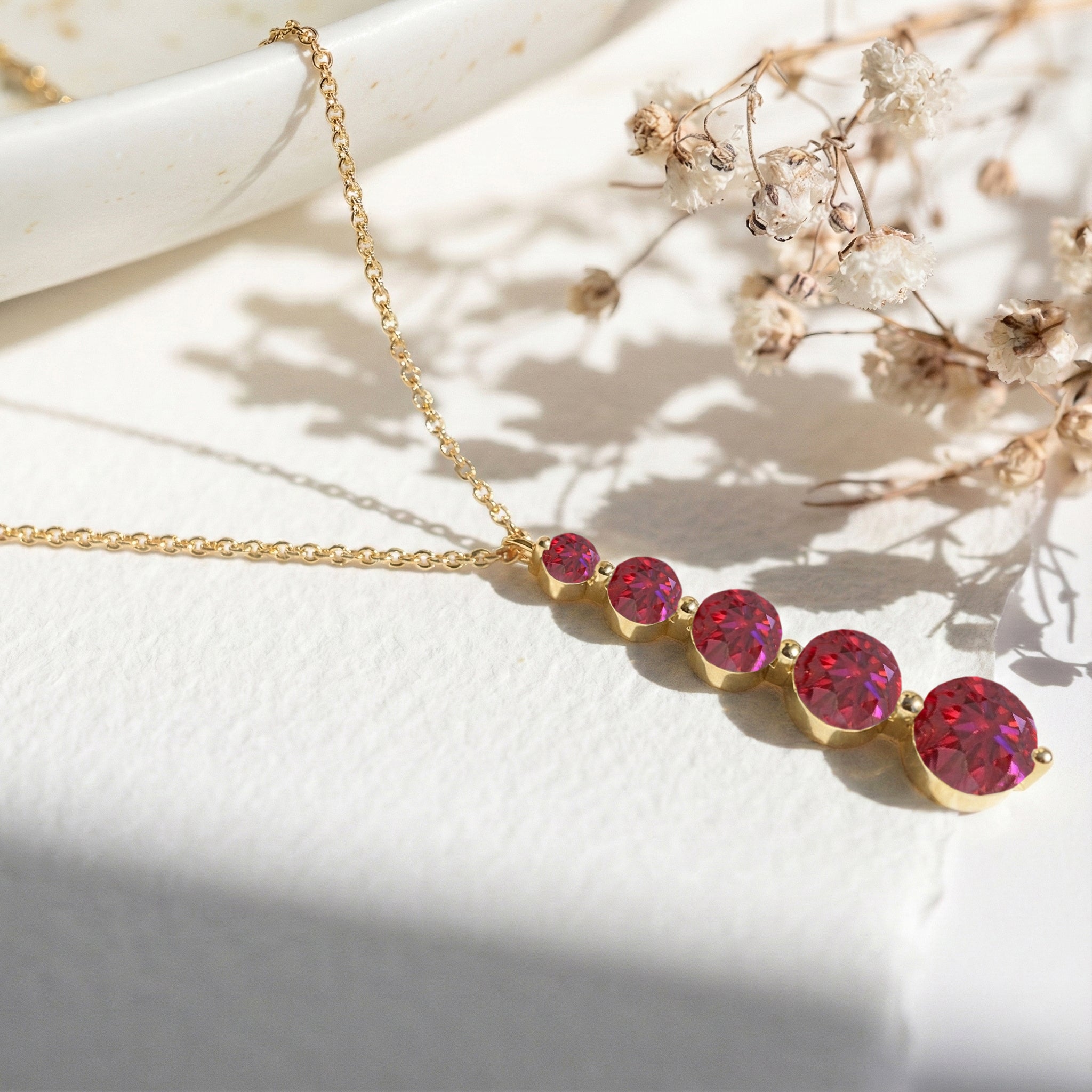 Ruby Round 5 Stone Bar Pendant Necklace in Yellow Gold Plated 3.90ct