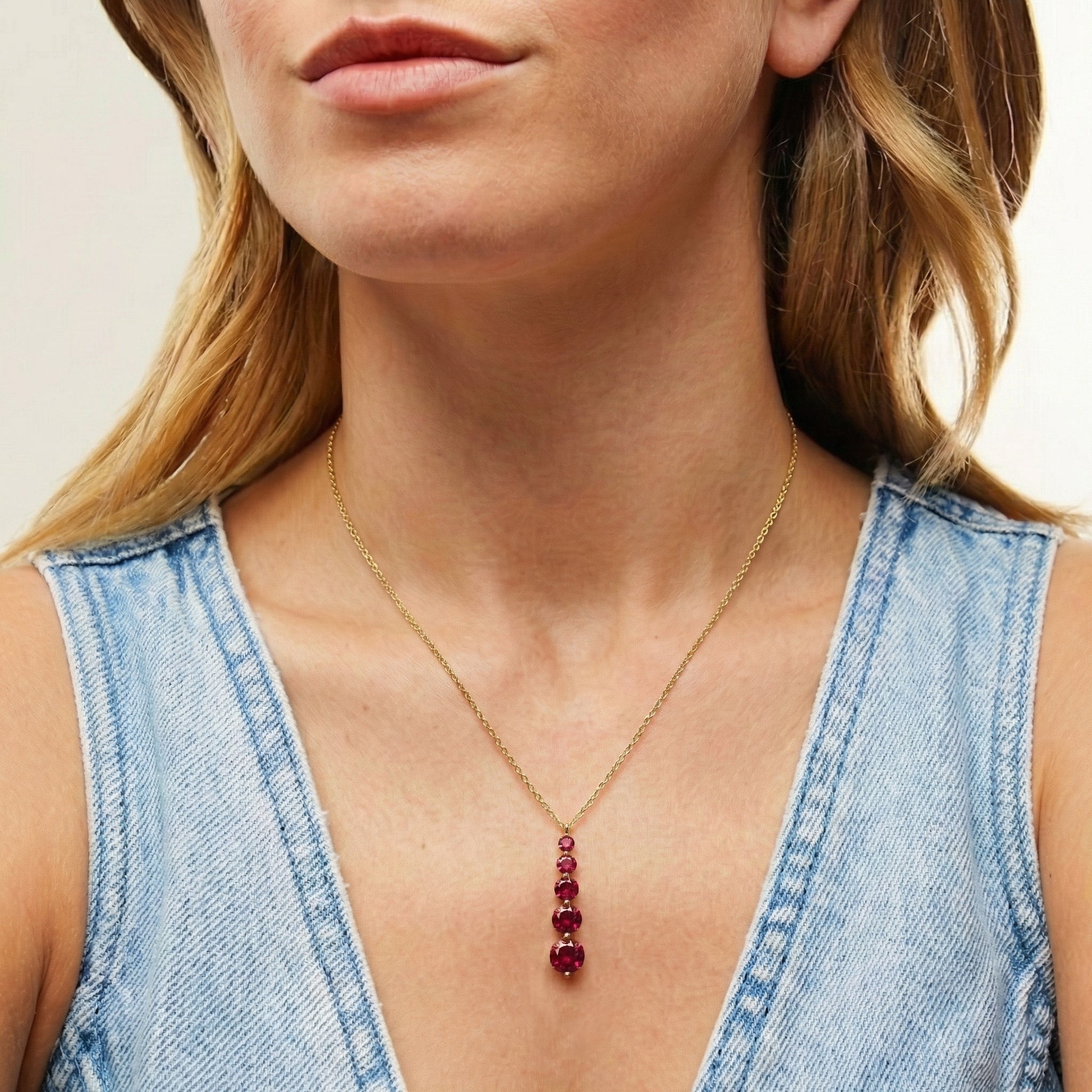 Ruby Round 5 Stone Bar Pendant Necklace in Yellow Gold Plated 3.90ct