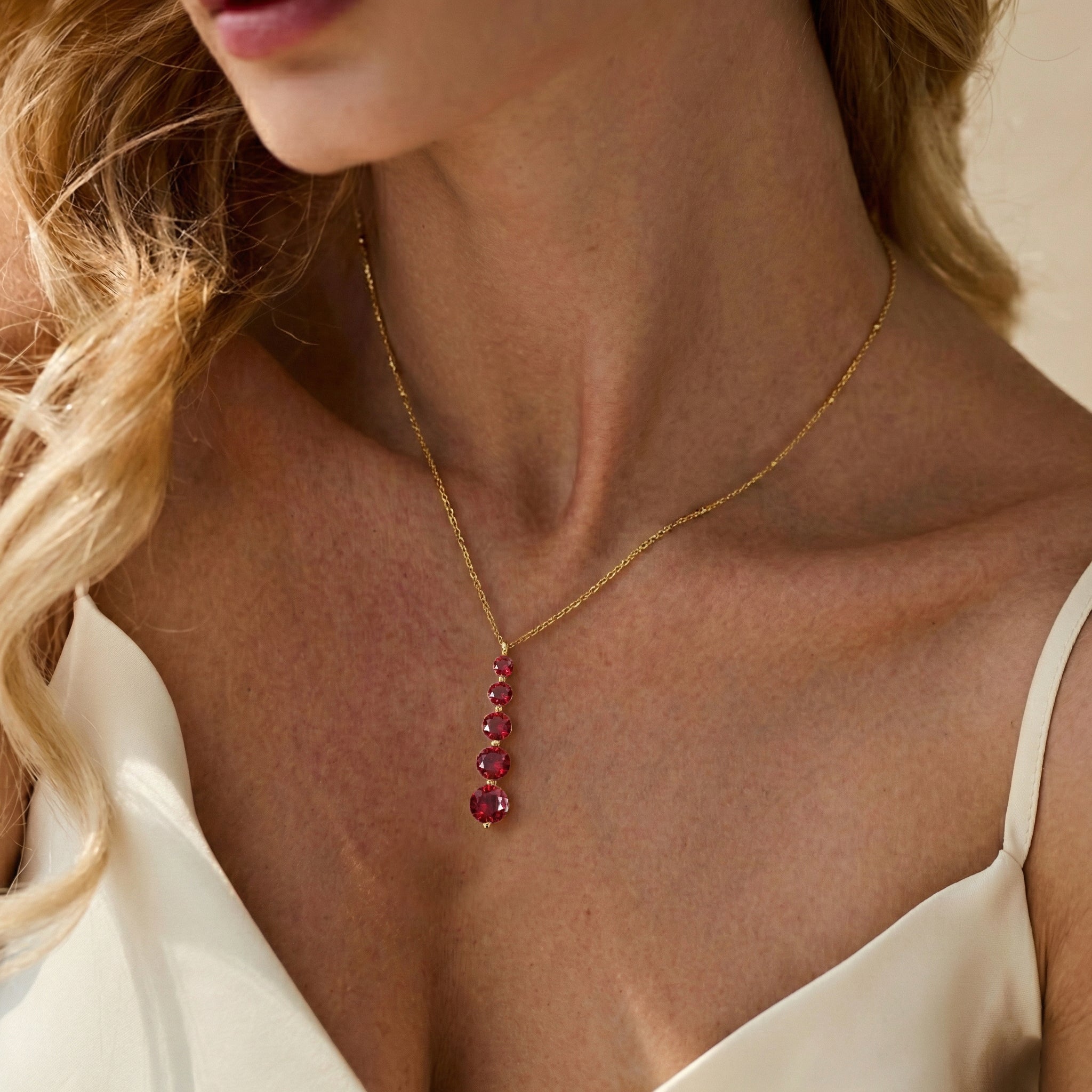 Ruby Round 5 Stone Bar Pendant Necklace in Yellow Gold Plated 3.90ct