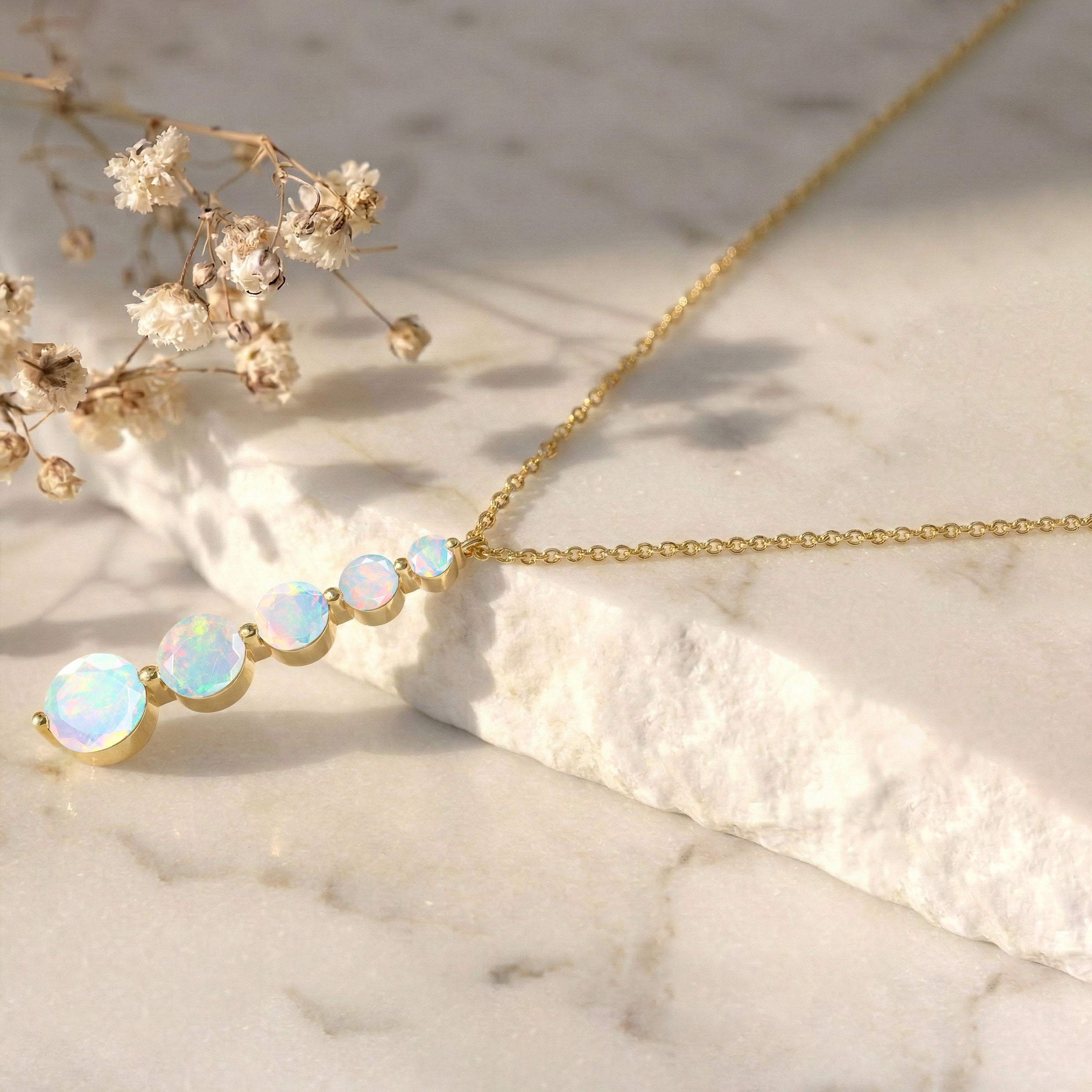 White Opal Round 5 Stone Bar Pendant Necklace in Yellow Gold Plated 3.90ct