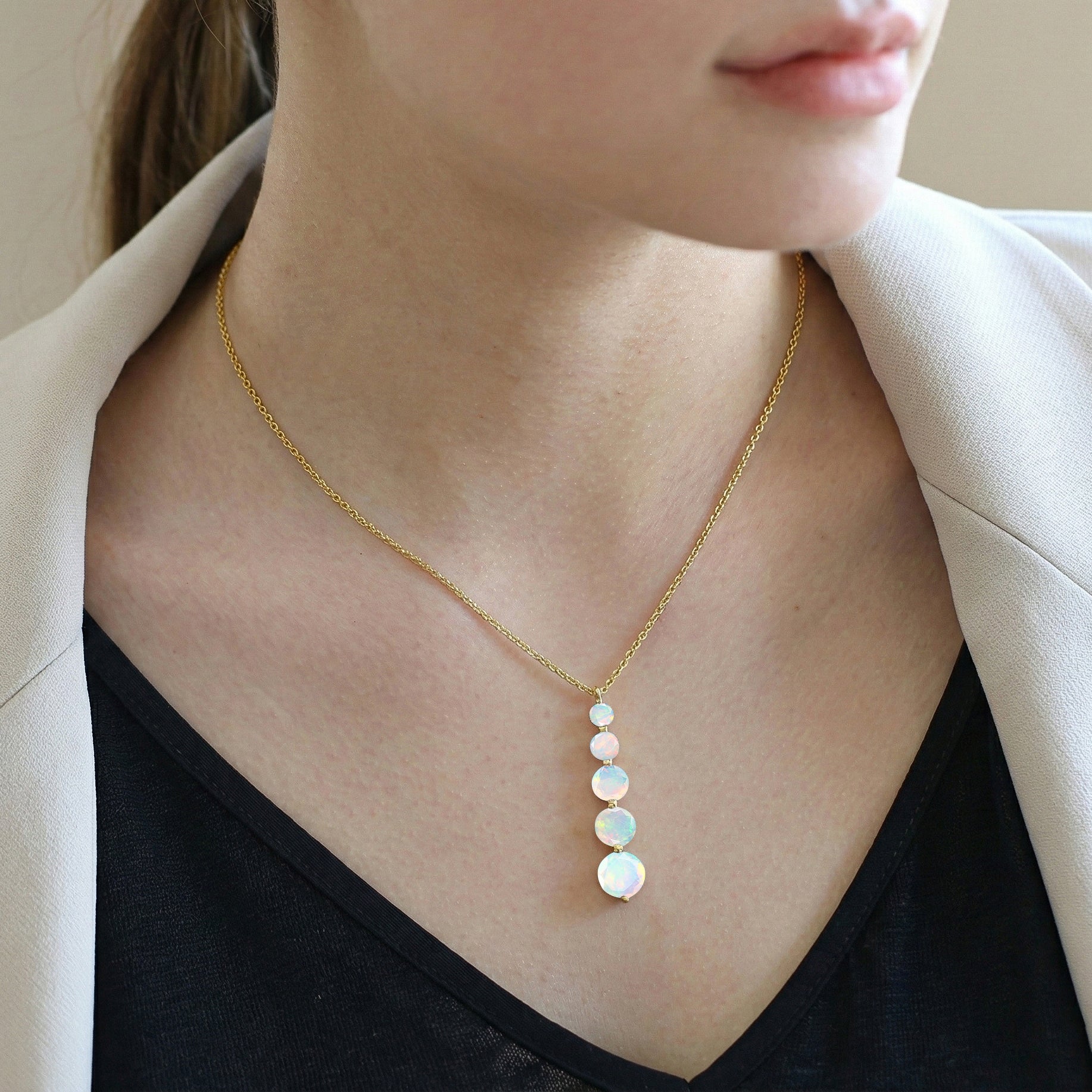 White Opal Round 5 Stone Bar Pendant Necklace in Yellow Gold Plated 3.90ct