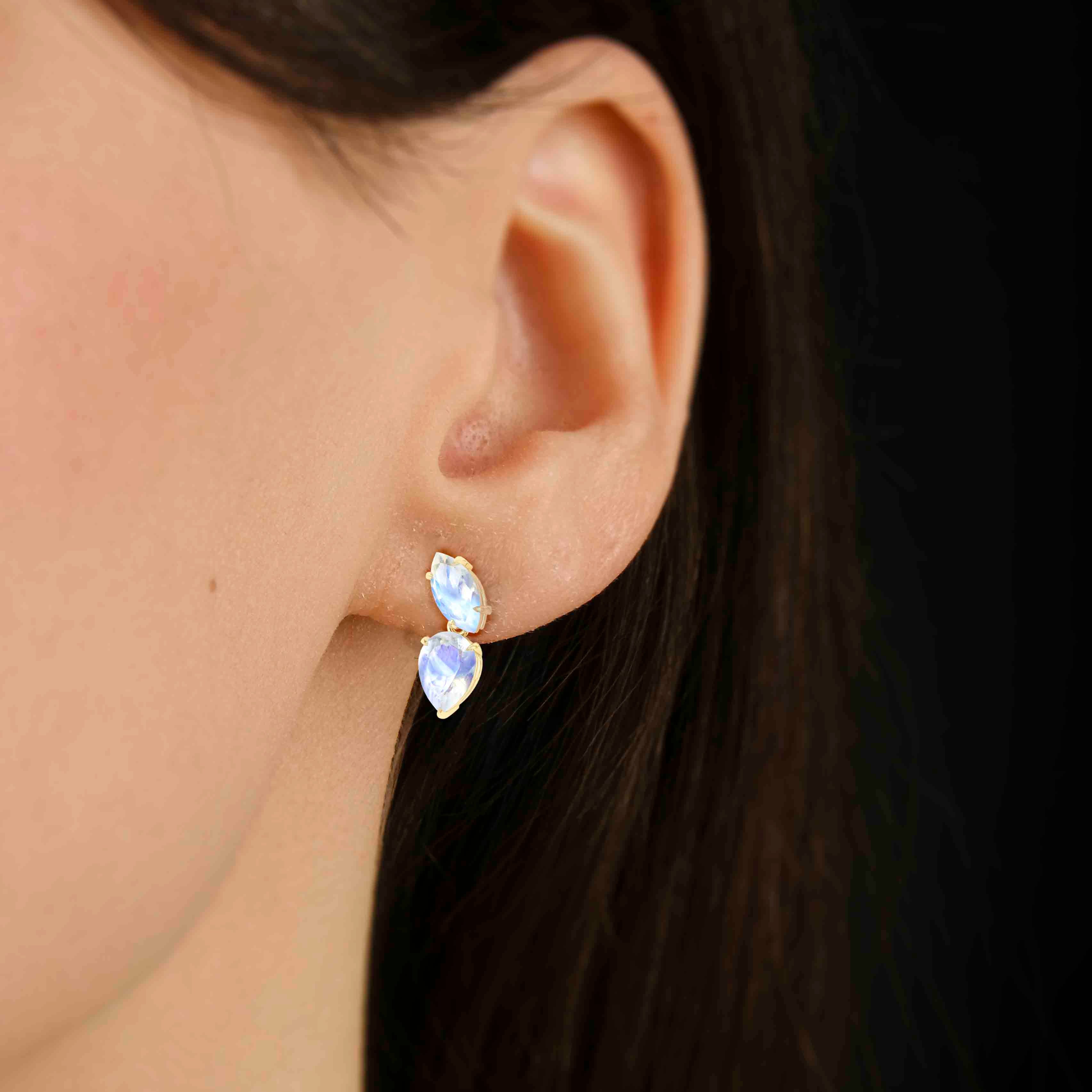 Natural Moonstone Marquise & Pear Two Stone Stud Earrings