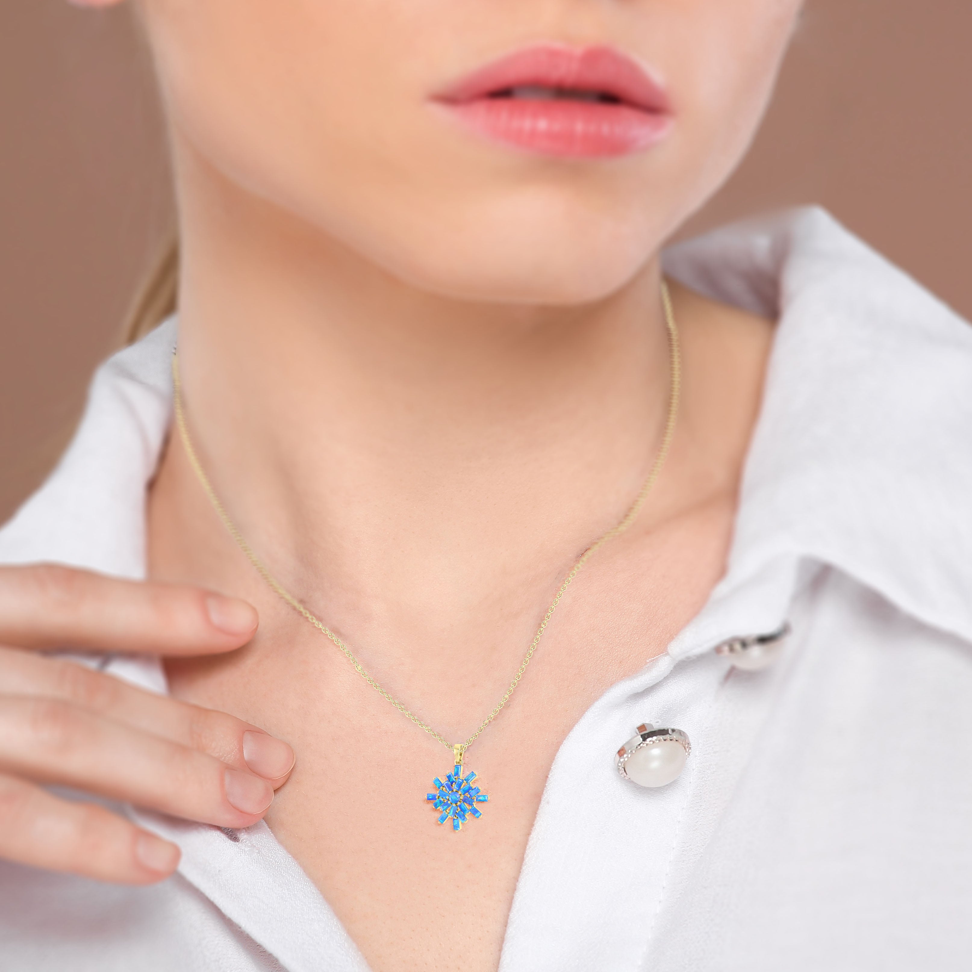 Blue Opal Snowflake Pendant Necklace in 925 Sterling Silver 4.5ct