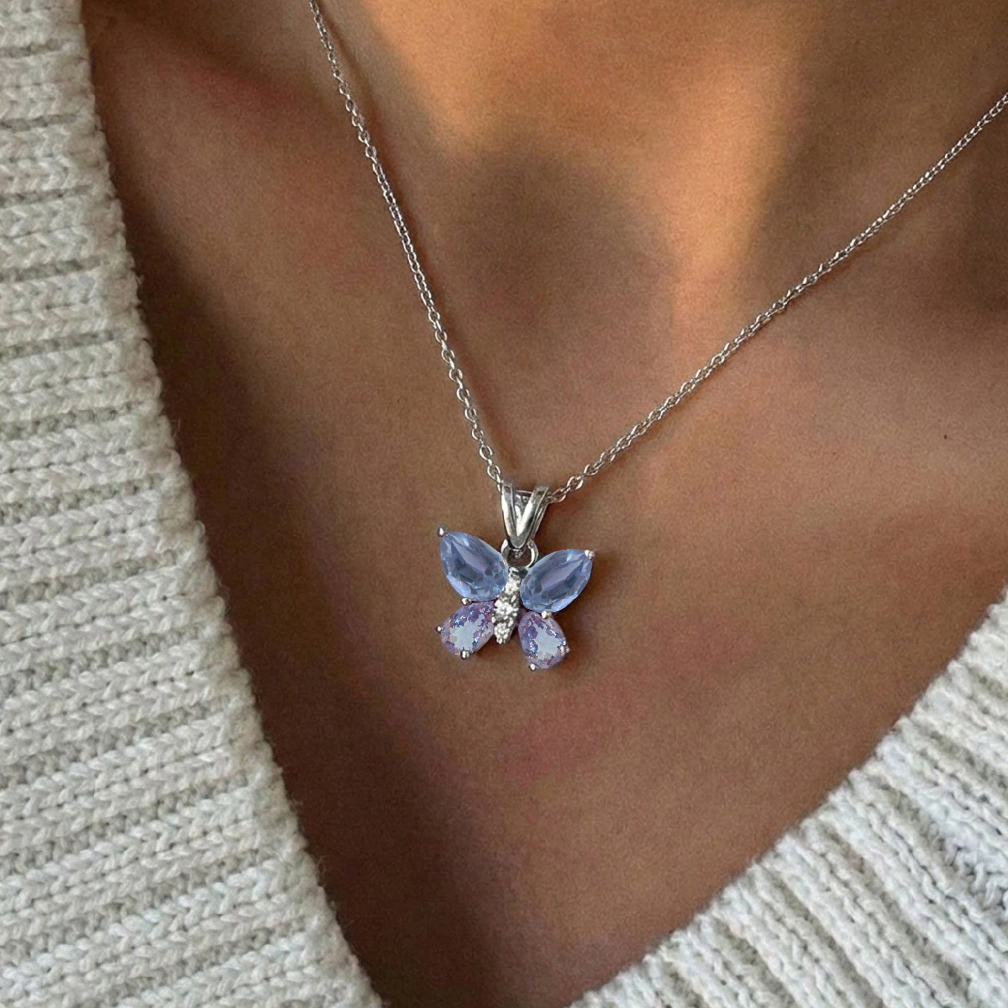 Alexandrite Pear Butterfly Pendant Necklace in 925 Sterling Silver 2ct
