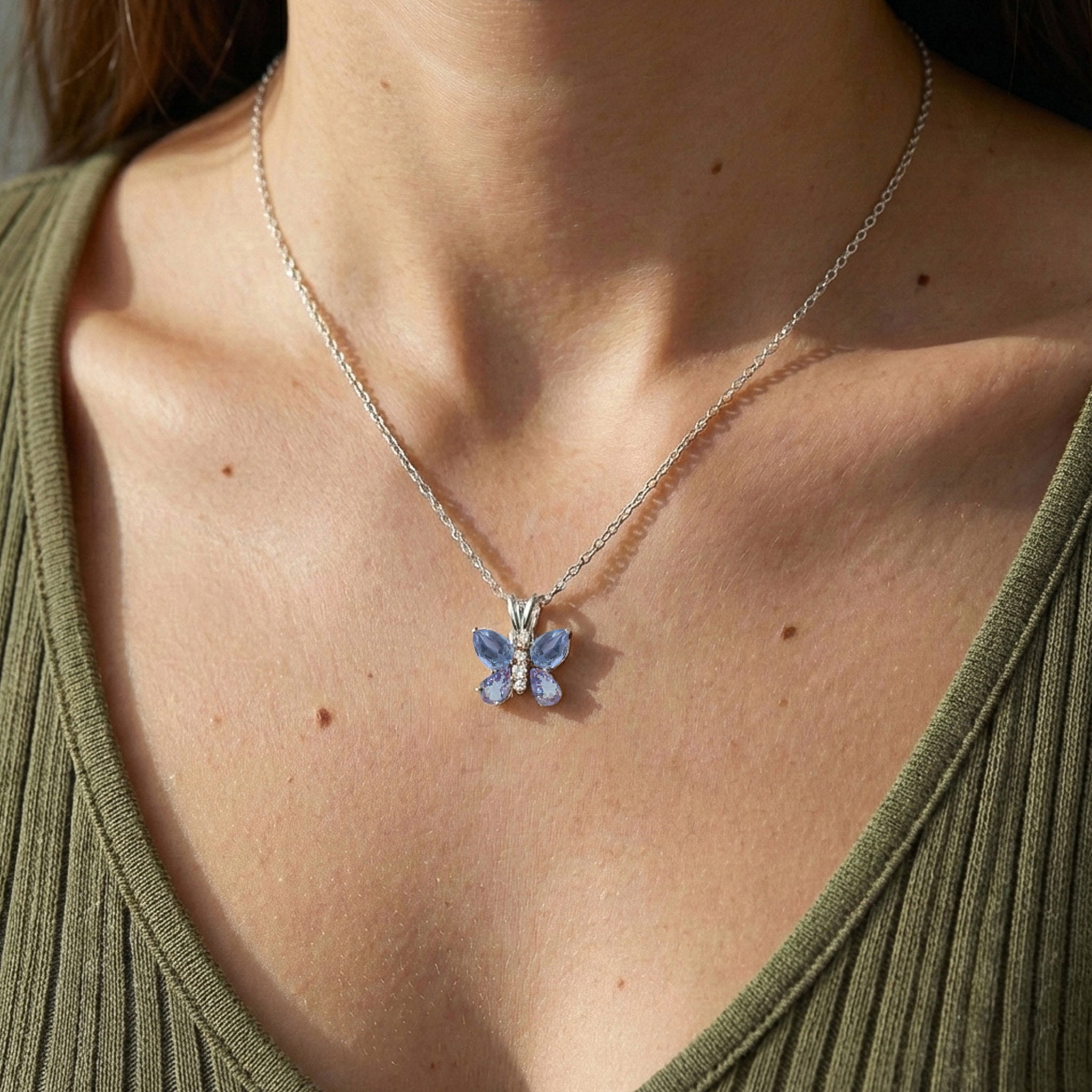 Alexandrite Pear Butterfly Pendant Necklace in 925 Sterling Silver 2ct