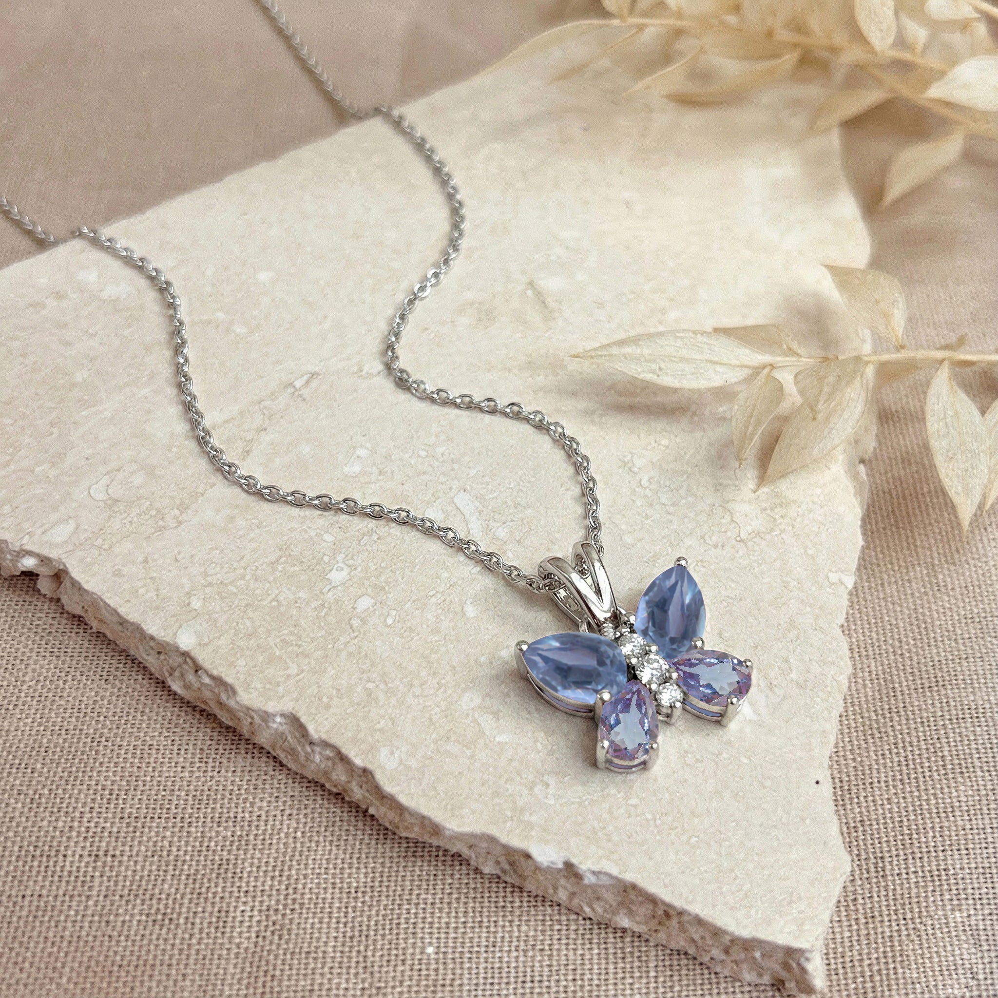 Alexandrite Pear Butterfly Pendant Necklace in 925 Sterling Silver 2ct