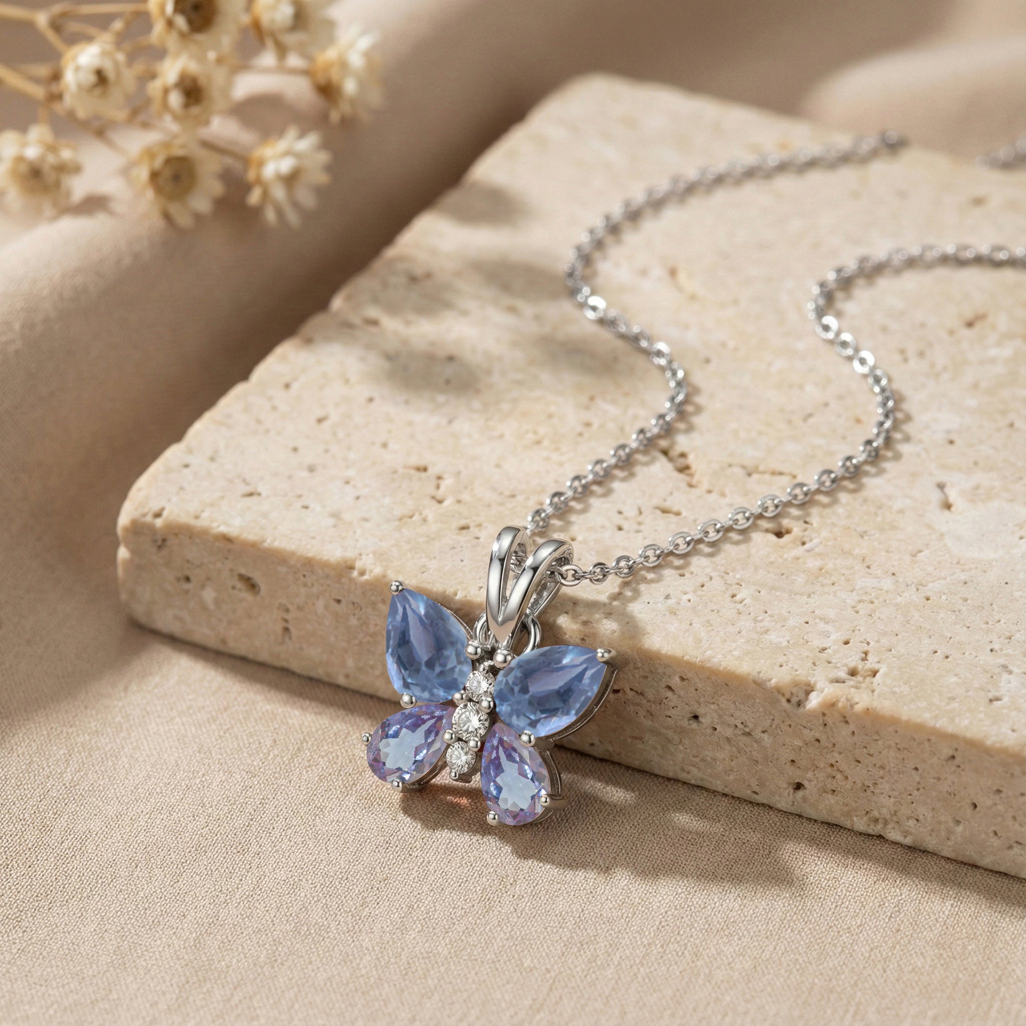 Alexandrite Pear Butterfly Pendant Necklace in 925 Sterling Silver 2ct