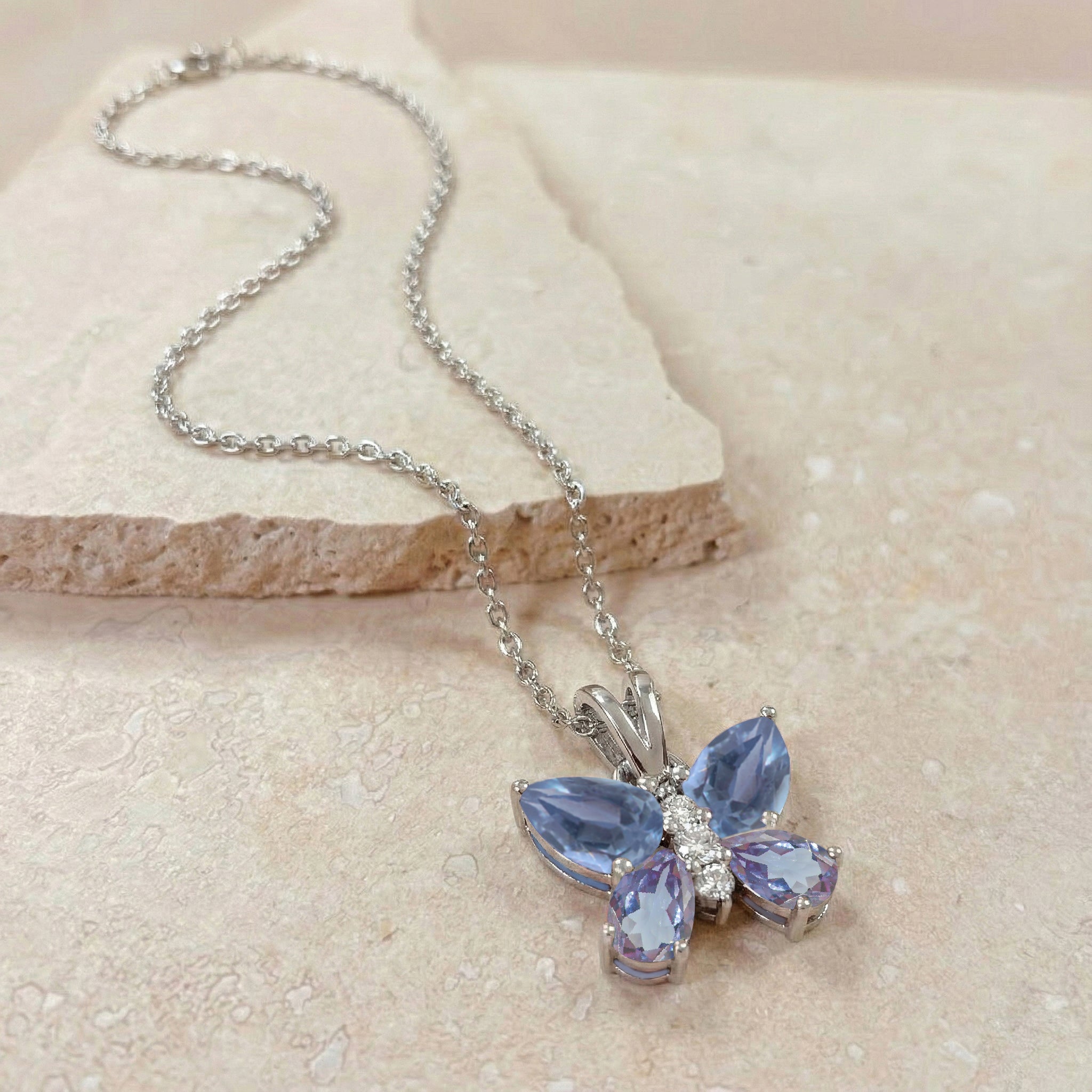 Alexandrite Pear Butterfly Pendant Necklace in 925 Sterling Silver 2ct