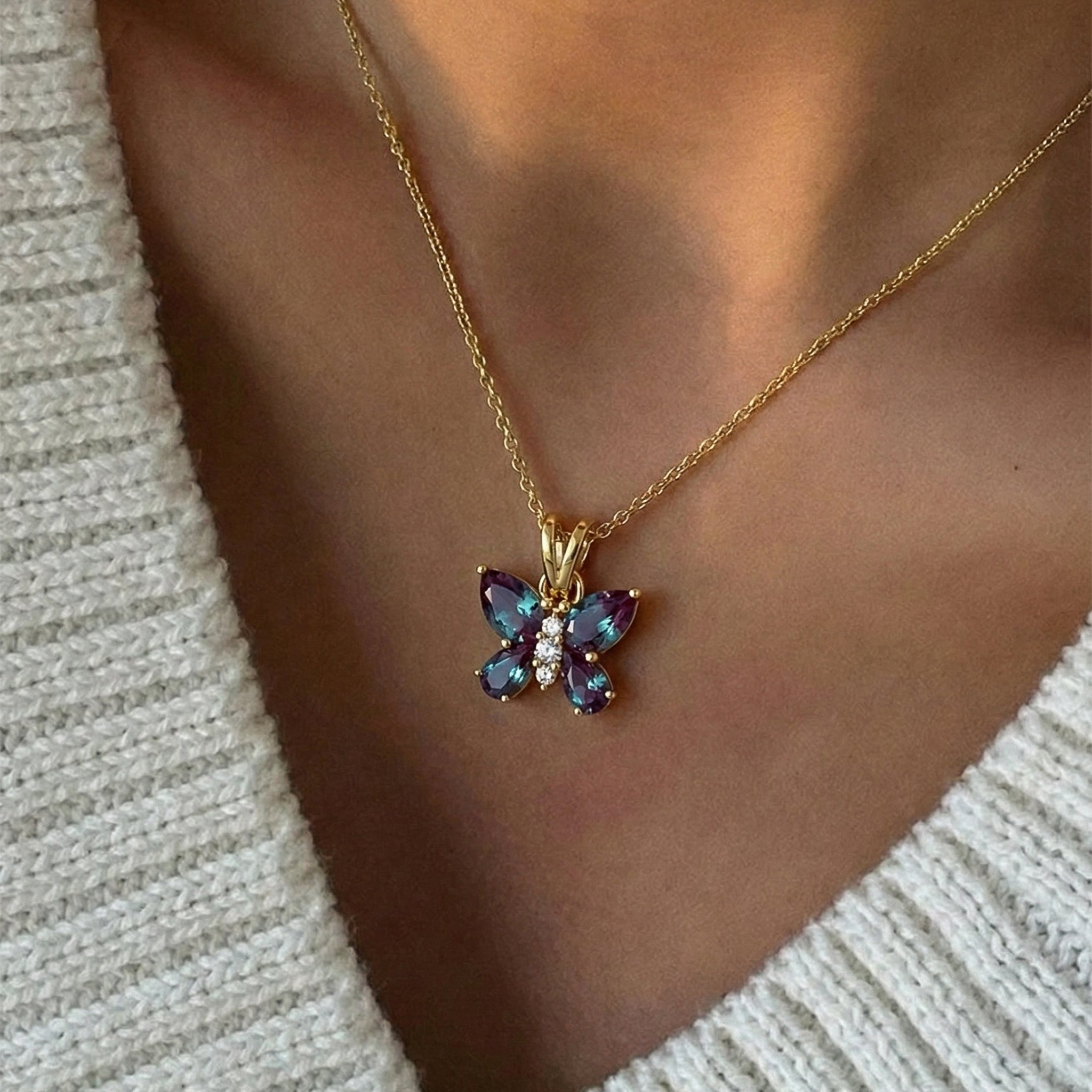 Alexandrite Pear Butterfly Pendant Necklace in Yellow Gold Plated 2ct