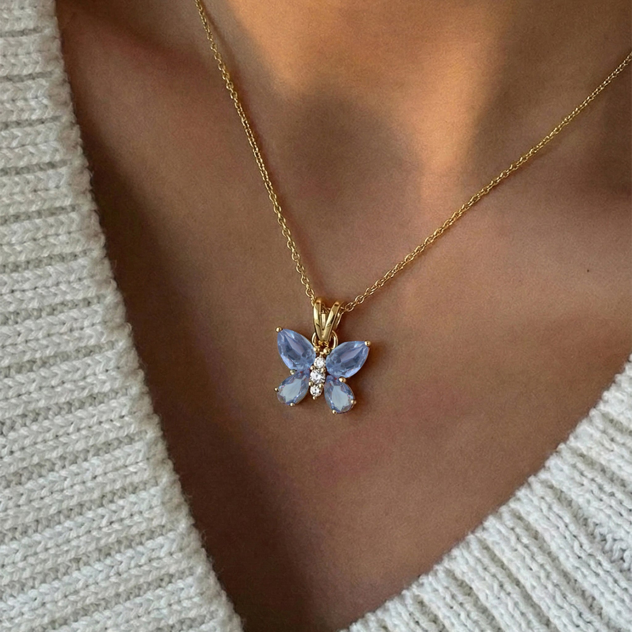 Alexandrite Pear Butterfly Pendant Necklace in 925 Sterling Silver 2ct