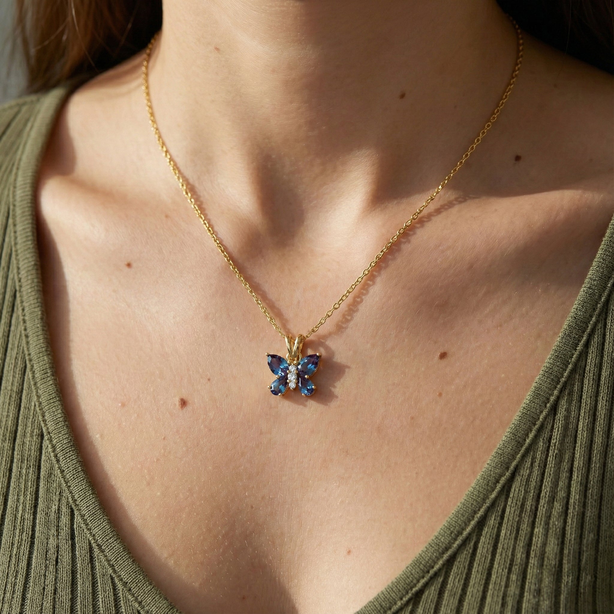 Alexandrite Pear Butterfly Pendant Necklace in Yellow Gold Plated 2ct