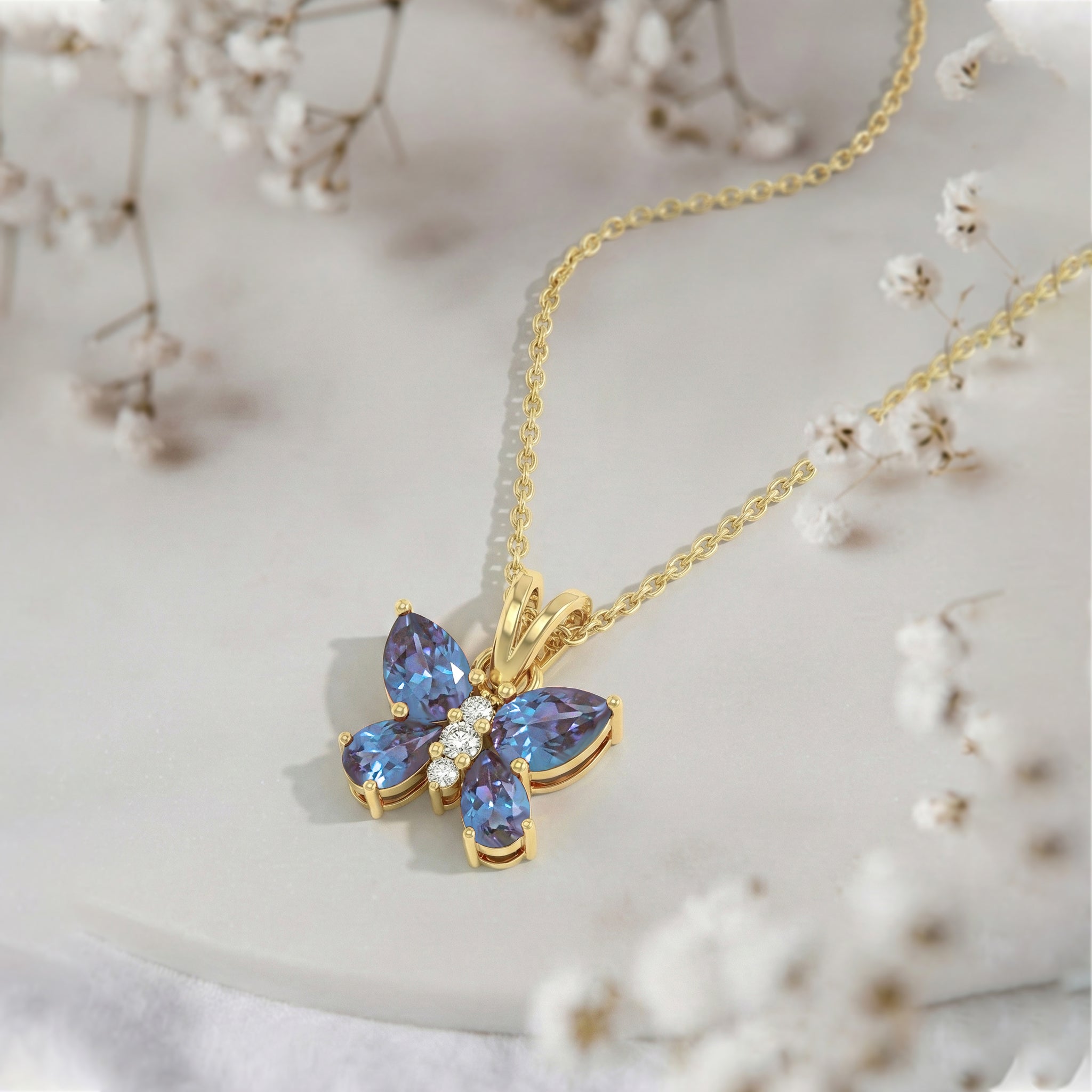 Alexandrite Pear Butterfly Pendant Necklace in Yellow Gold Plated 2ct