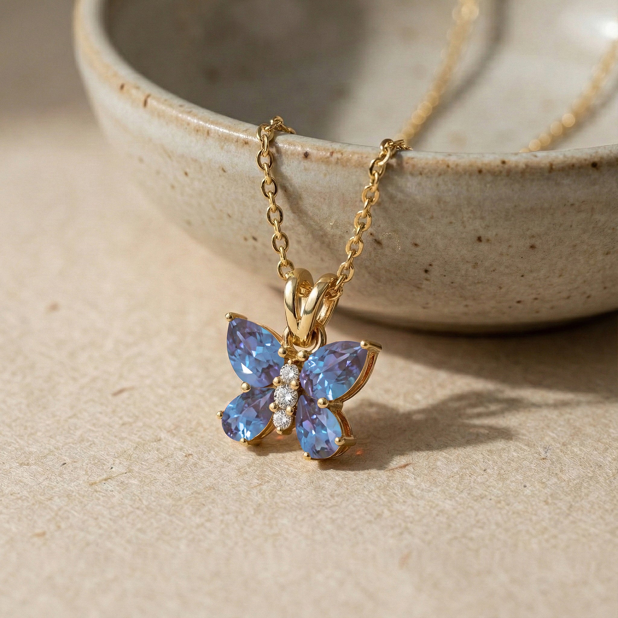 Alexandrite Pear Butterfly Pendant Necklace in Yellow Gold Plated 2ct
