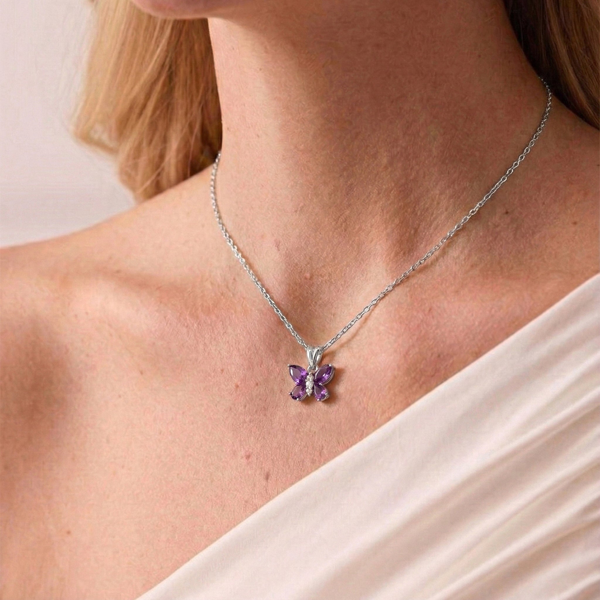 Amethyst Pear Butterfly Pendant Necklace in 925 Sterling Silver 2ct