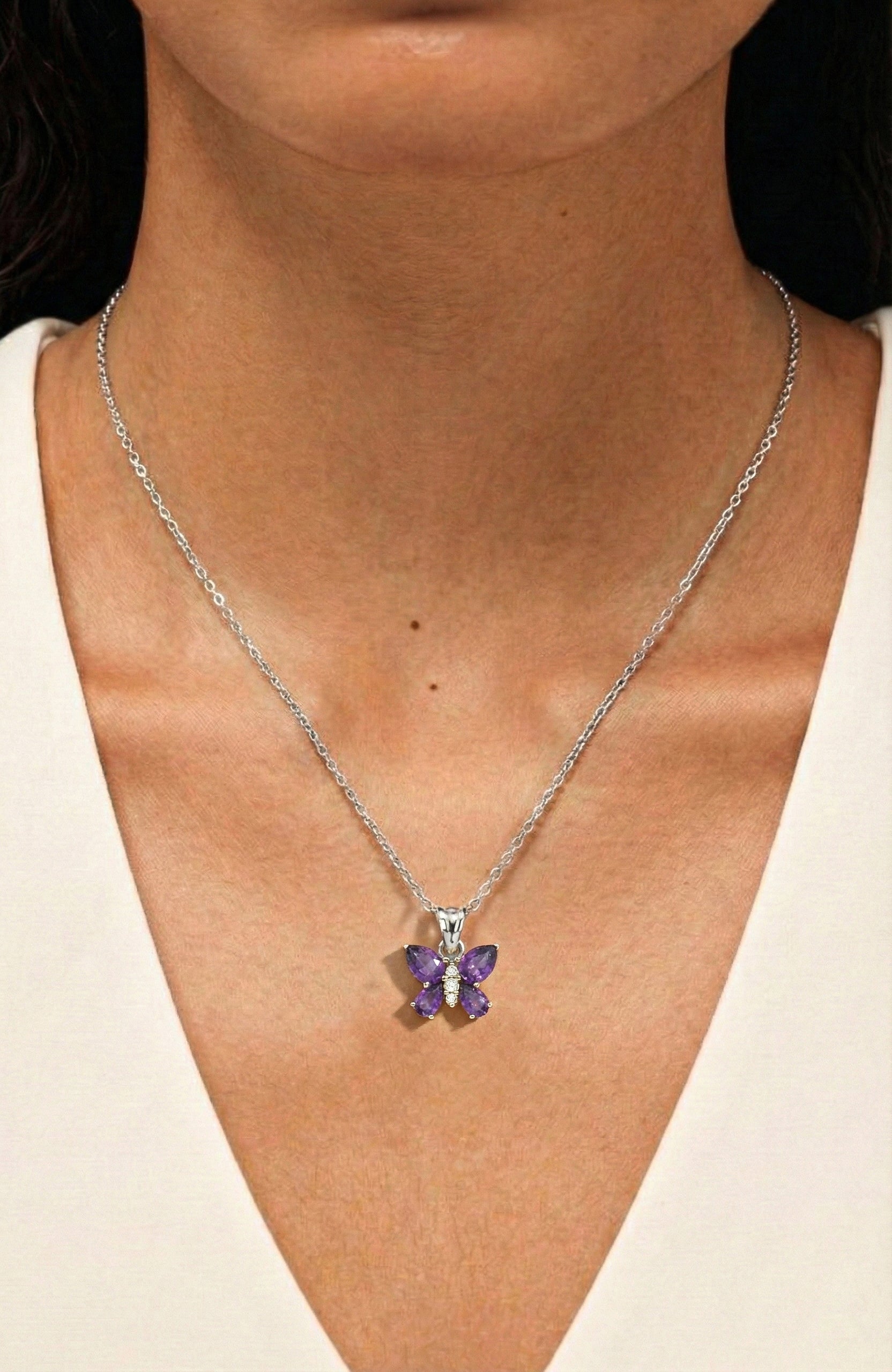 Amethyst Pear Butterfly Pendant Necklace in 925 Sterling Silver 2ct