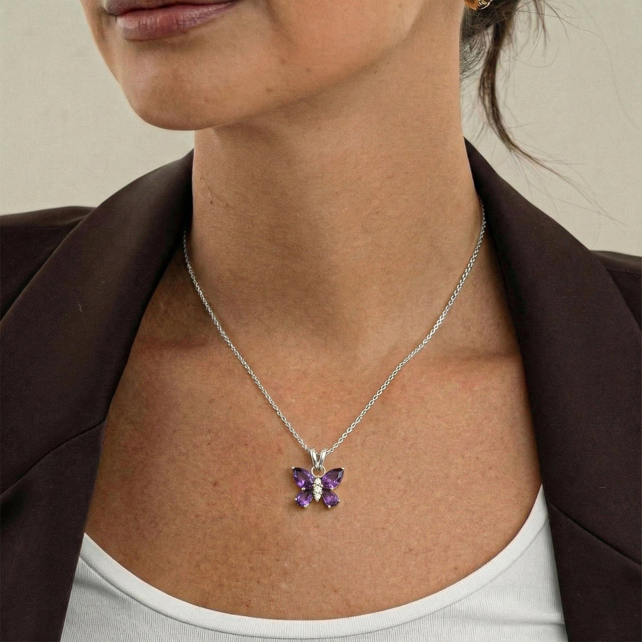 Amethyst Pear Butterfly Pendant Necklace in 925 Sterling Silver 2ct