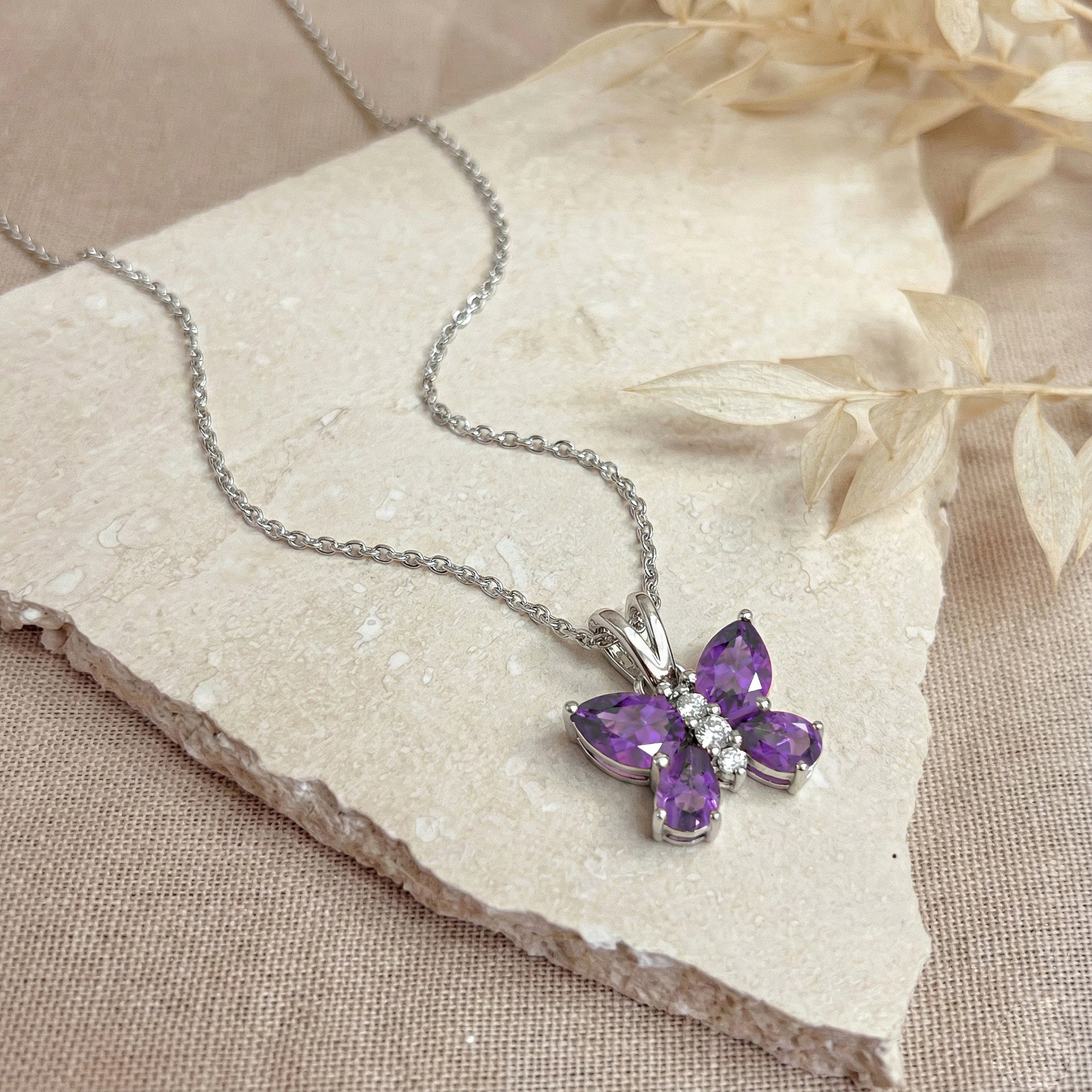 Amethyst Pear Butterfly Pendant Necklace in 925 Sterling Silver 2ct