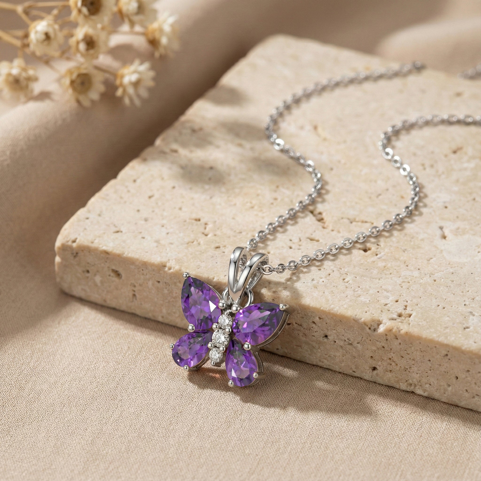 Amethyst Pear Butterfly Pendant Necklace in 925 Sterling Silver 2ct