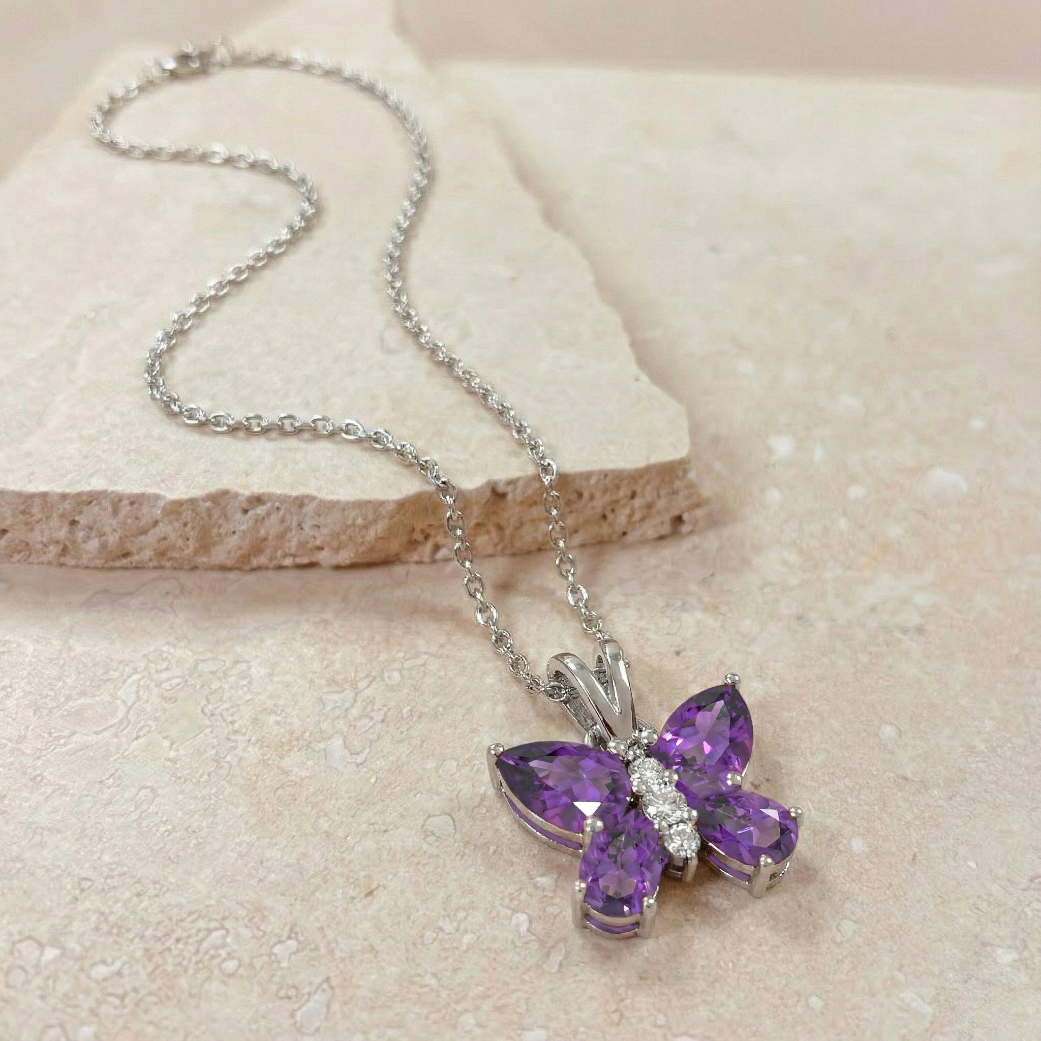 Amethyst Pear Butterfly Pendant Necklace in 925 Sterling Silver 2ct