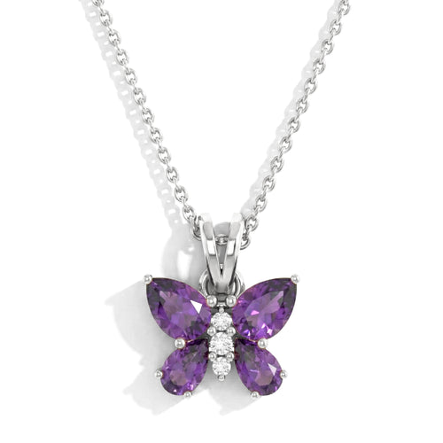 Amethyst Pear Butterfly Pendant Necklace in 925 Sterling Silver 2ct