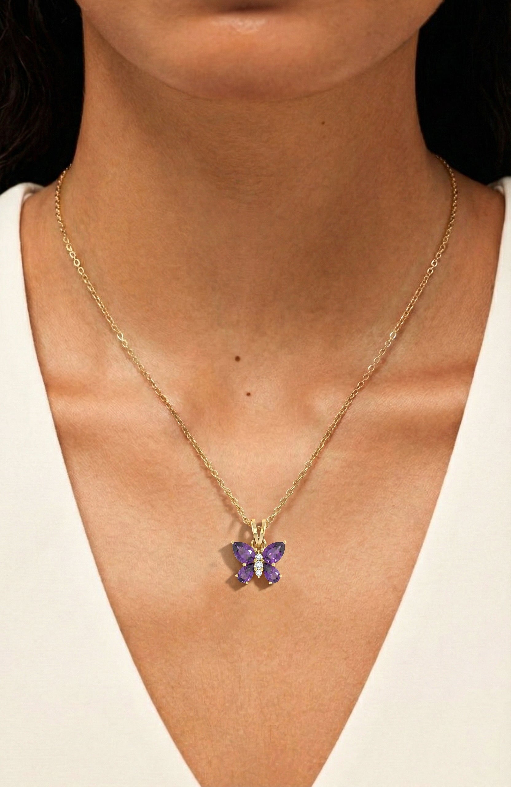 Amethyst Pear Butterfly Pendant Necklace in 925 Sterling Silver 2ct