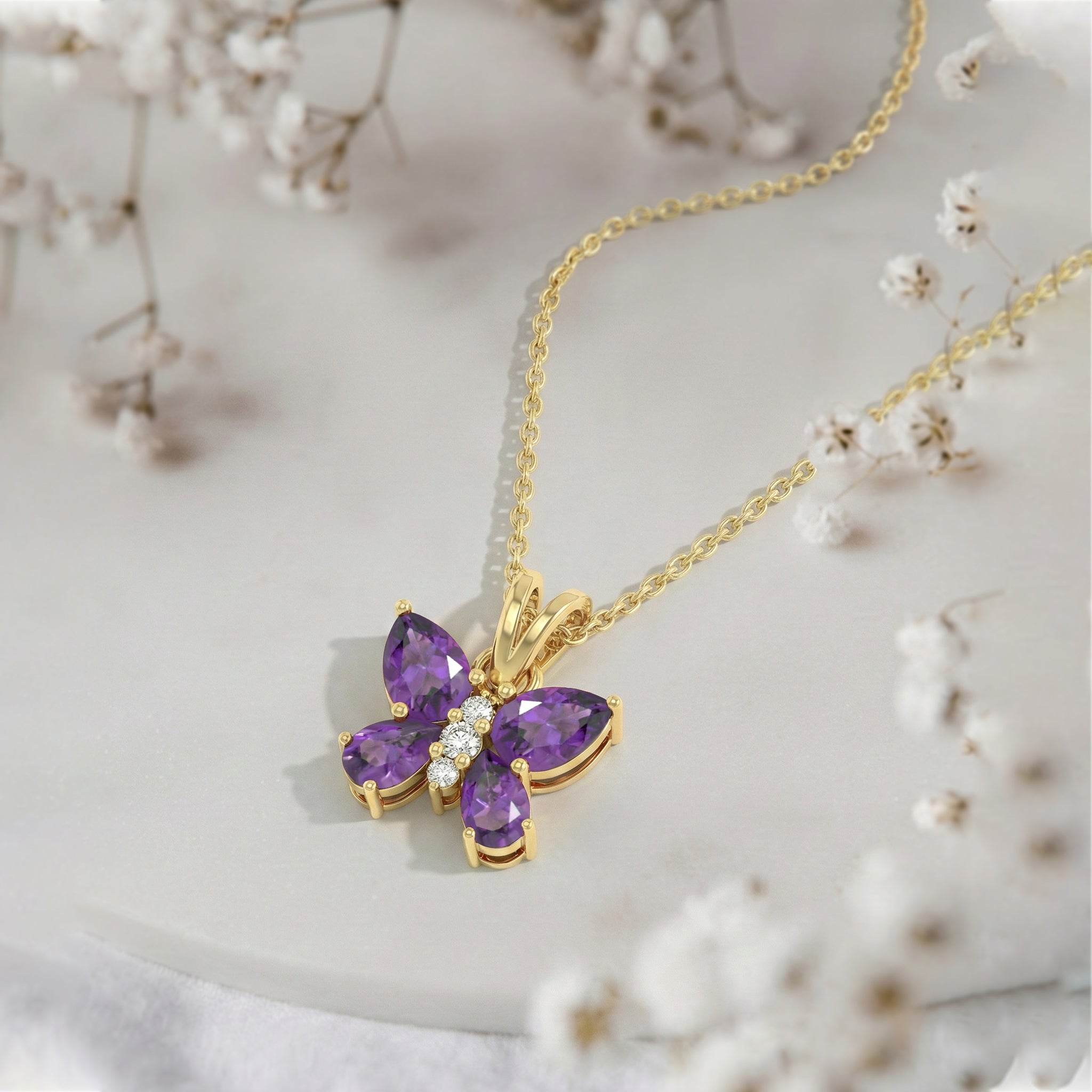Amethyst Pear Butterfly Pendant Necklace in 925 Sterling Silver 2ct