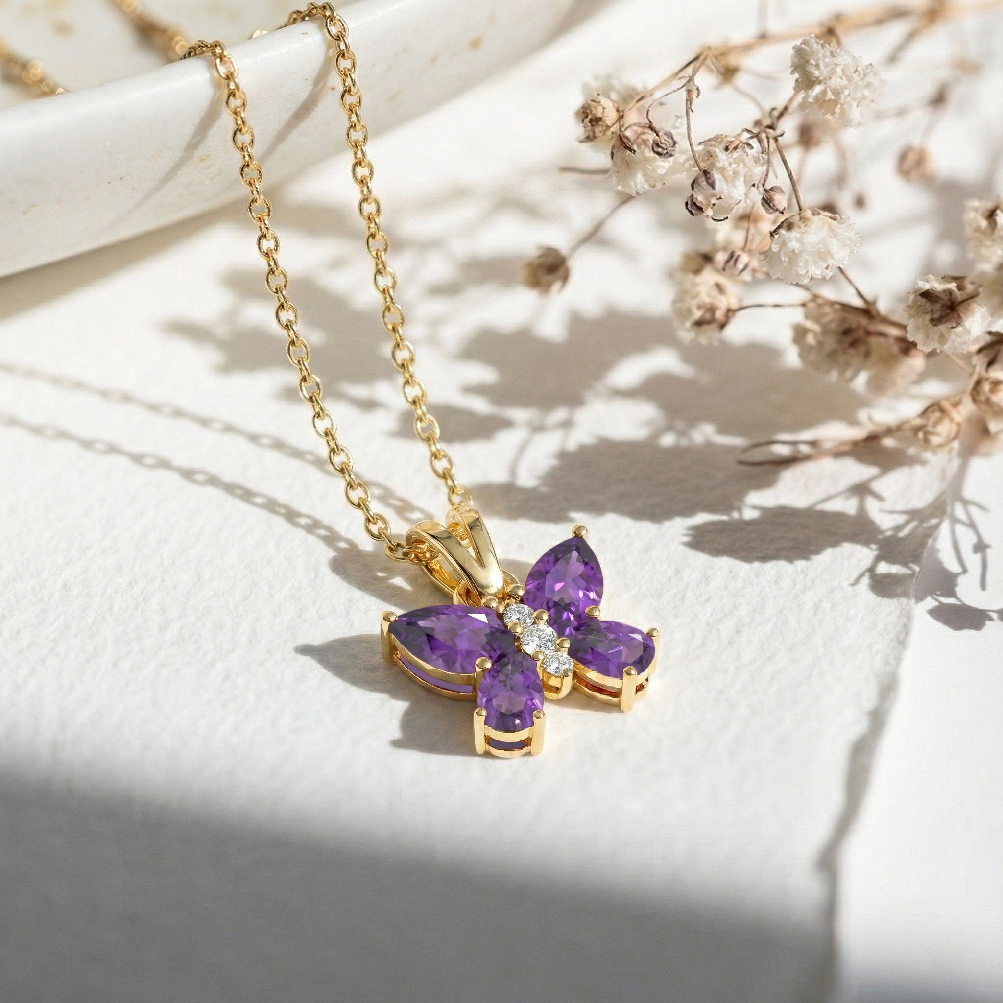 Amethyst Pear Butterfly Pendant Necklace in 925 Sterling Silver 2ct