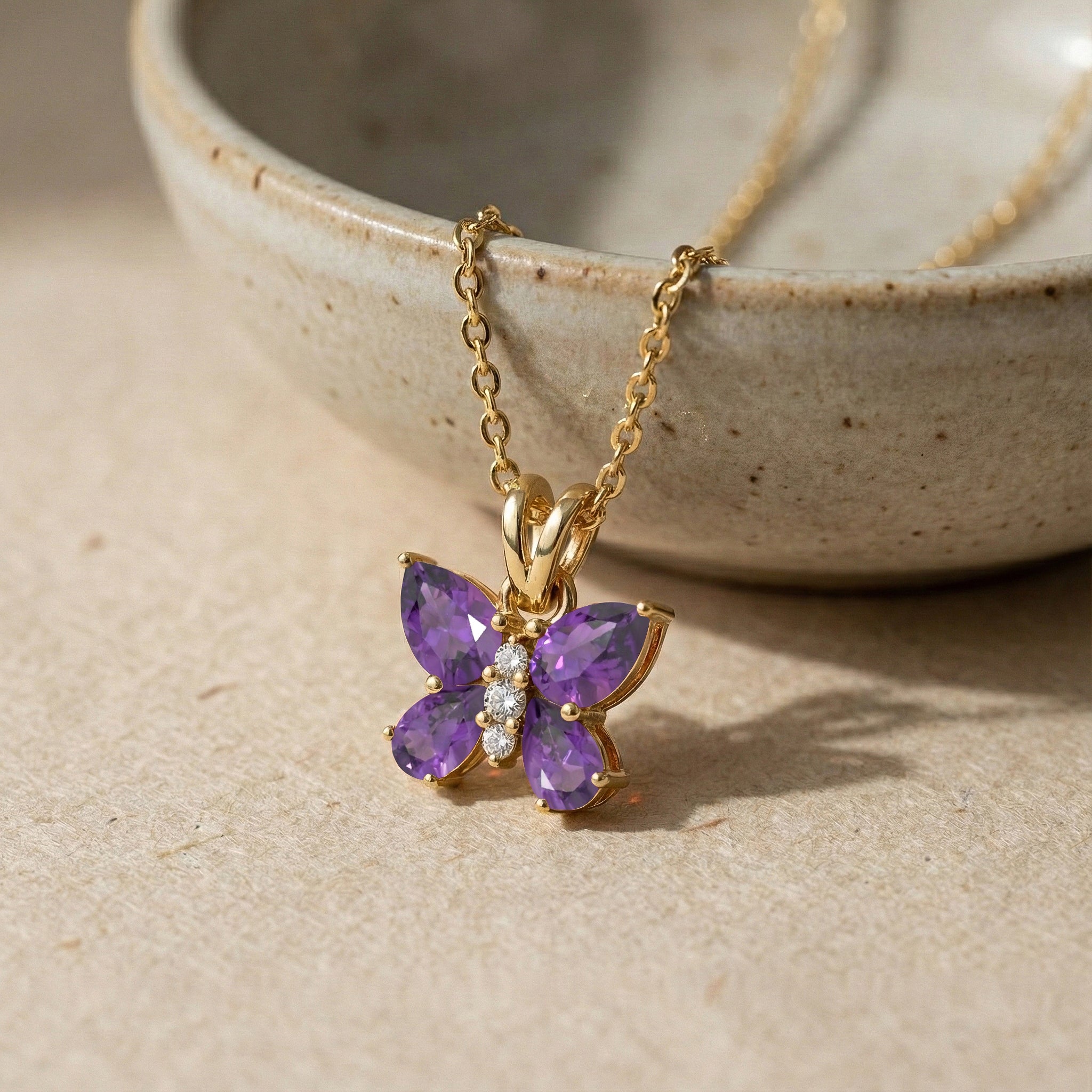 Amethyst Pear Butterfly Pendant Necklace in 925 Sterling Silver 2ct