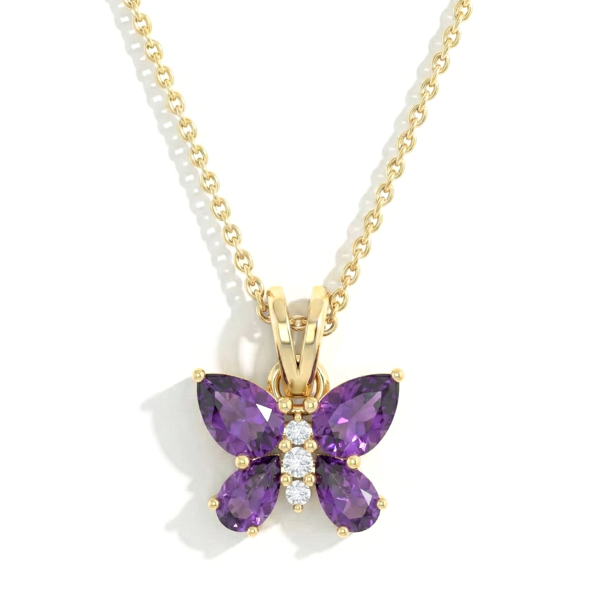 Amethyst Pear Butterfly Pendant Necklace in Yellow Gold Plated 2ct