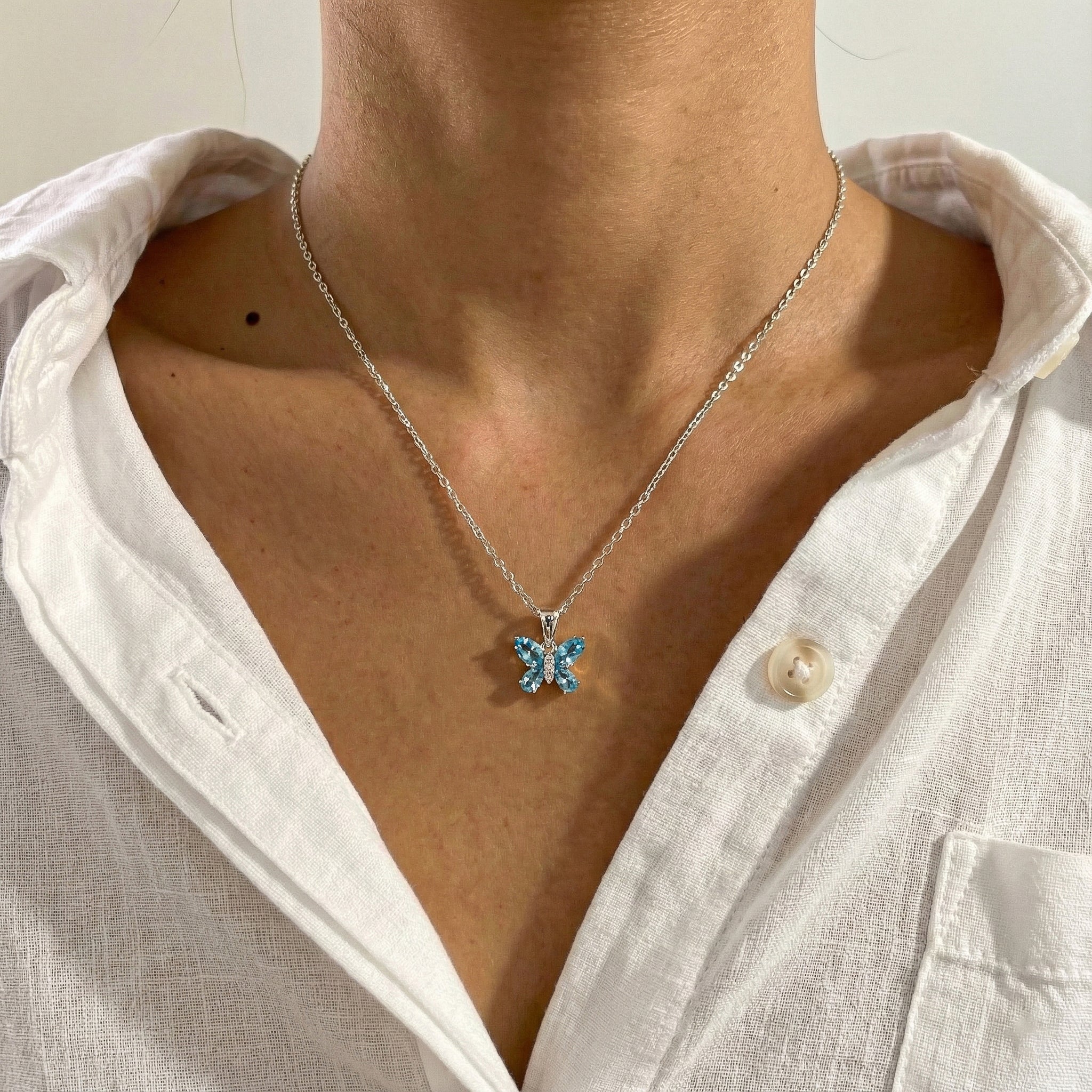 Aquamarine Pear Butterfly Pendant Necklace in 925 Sterling Silver 2ct