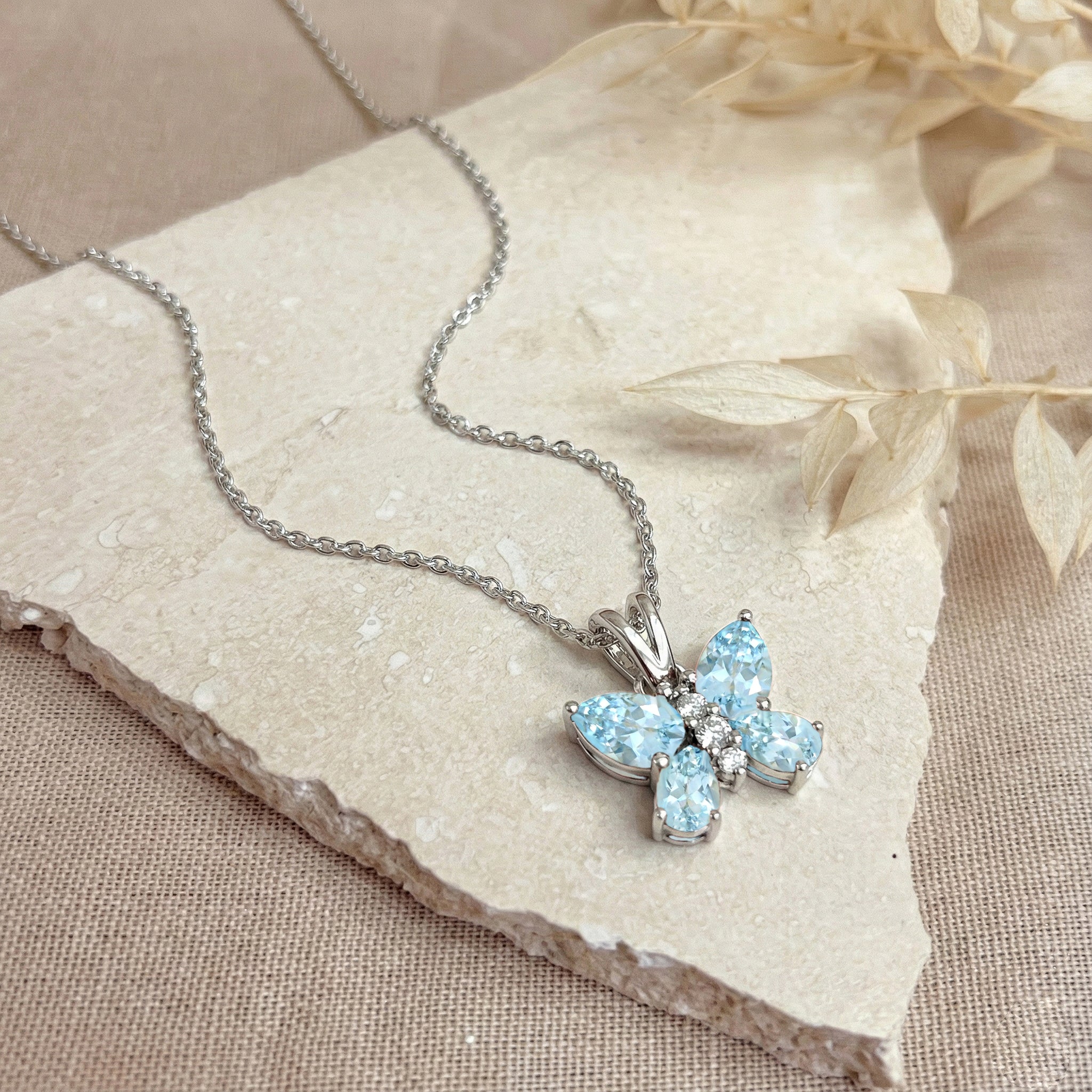 Aquamarine Pear Butterfly Pendant Necklace in 925 Sterling Silver 2ct