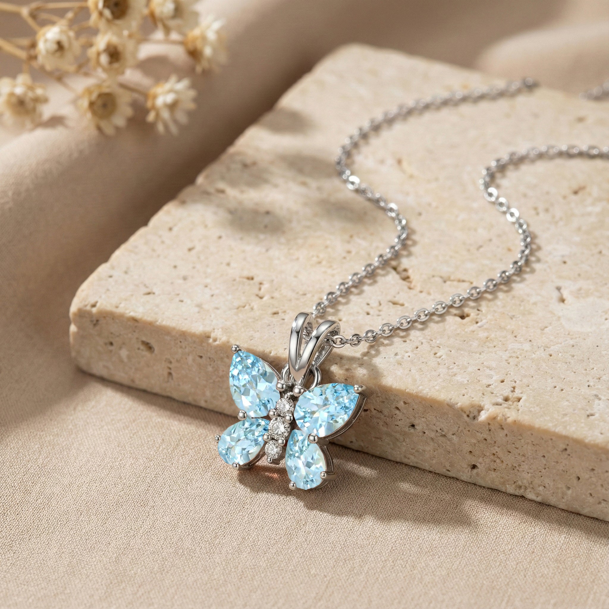 Aquamarine Pear Butterfly Pendant Necklace in 925 Sterling Silver 2ct