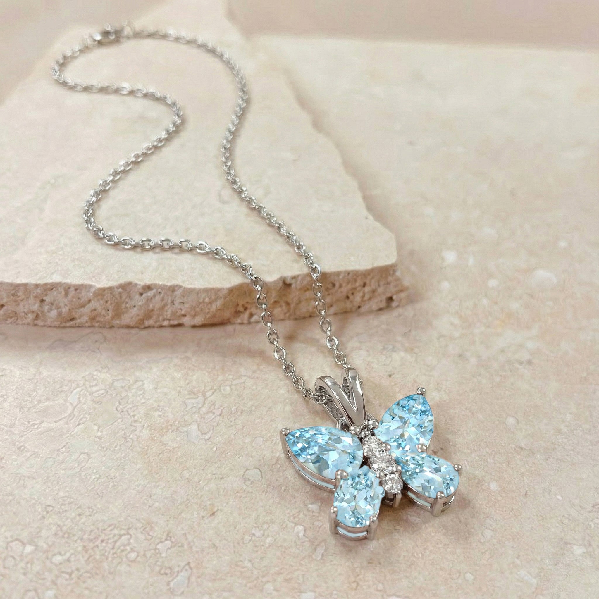 Aquamarine Pear Butterfly Pendant Necklace in 925 Sterling Silver 2ct