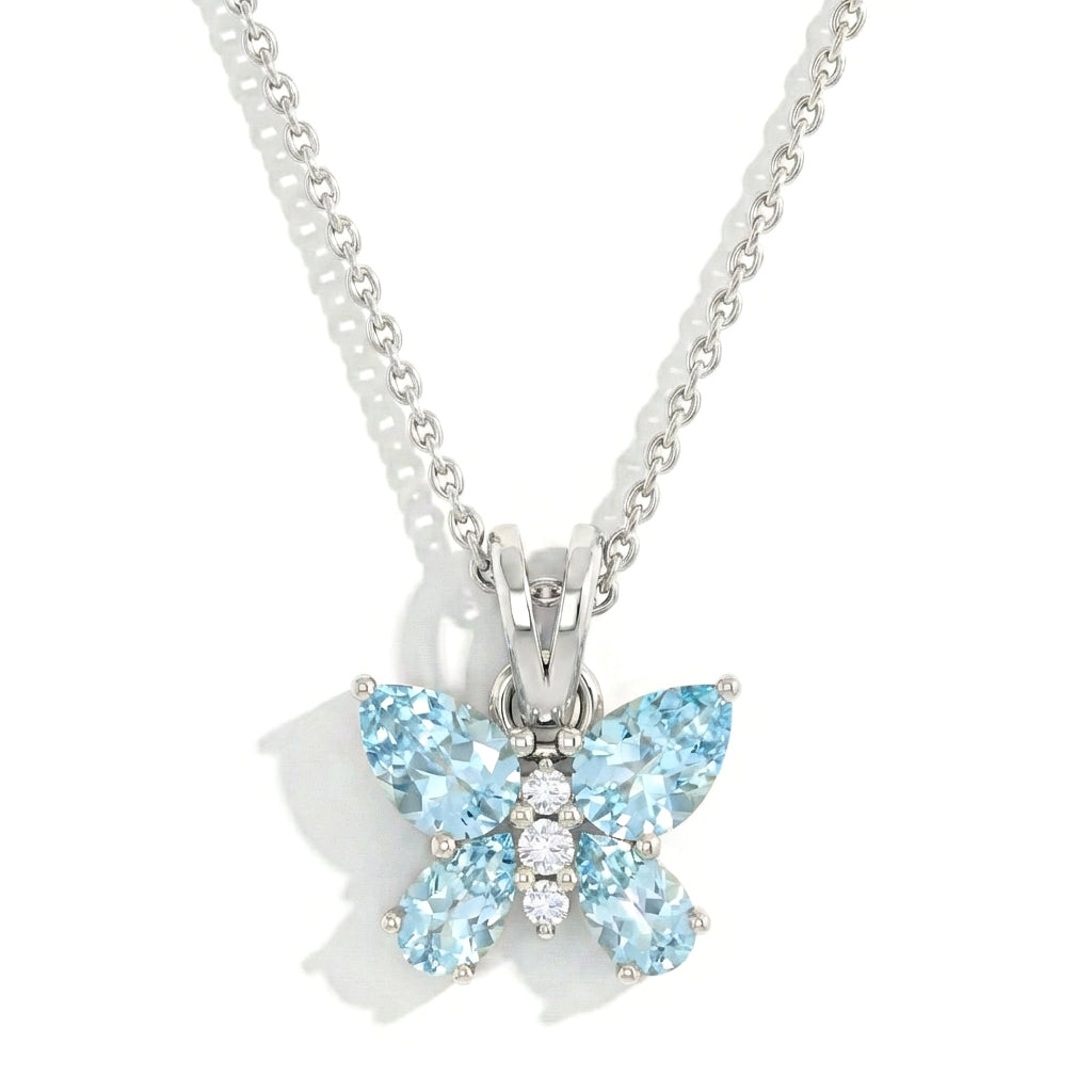Aquamarine Pear Butterfly Pendant Necklace in 925 Sterling Silver 2ct