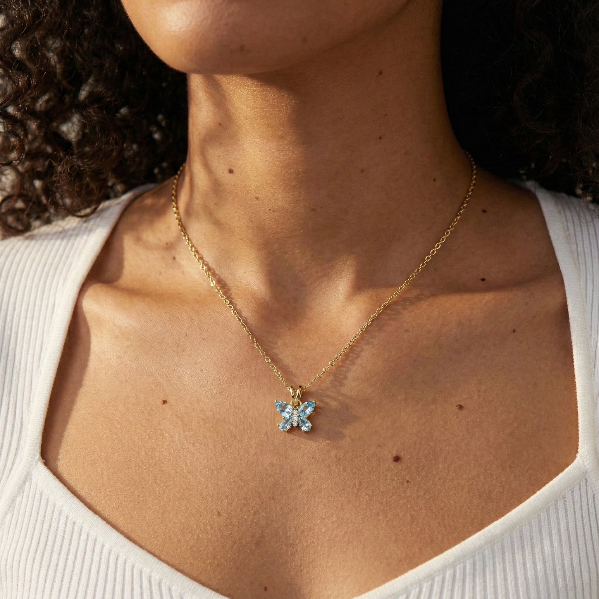 Aquamarine Pear Butterfly Pendant Necklace in Yellow Gold Plated 2ct