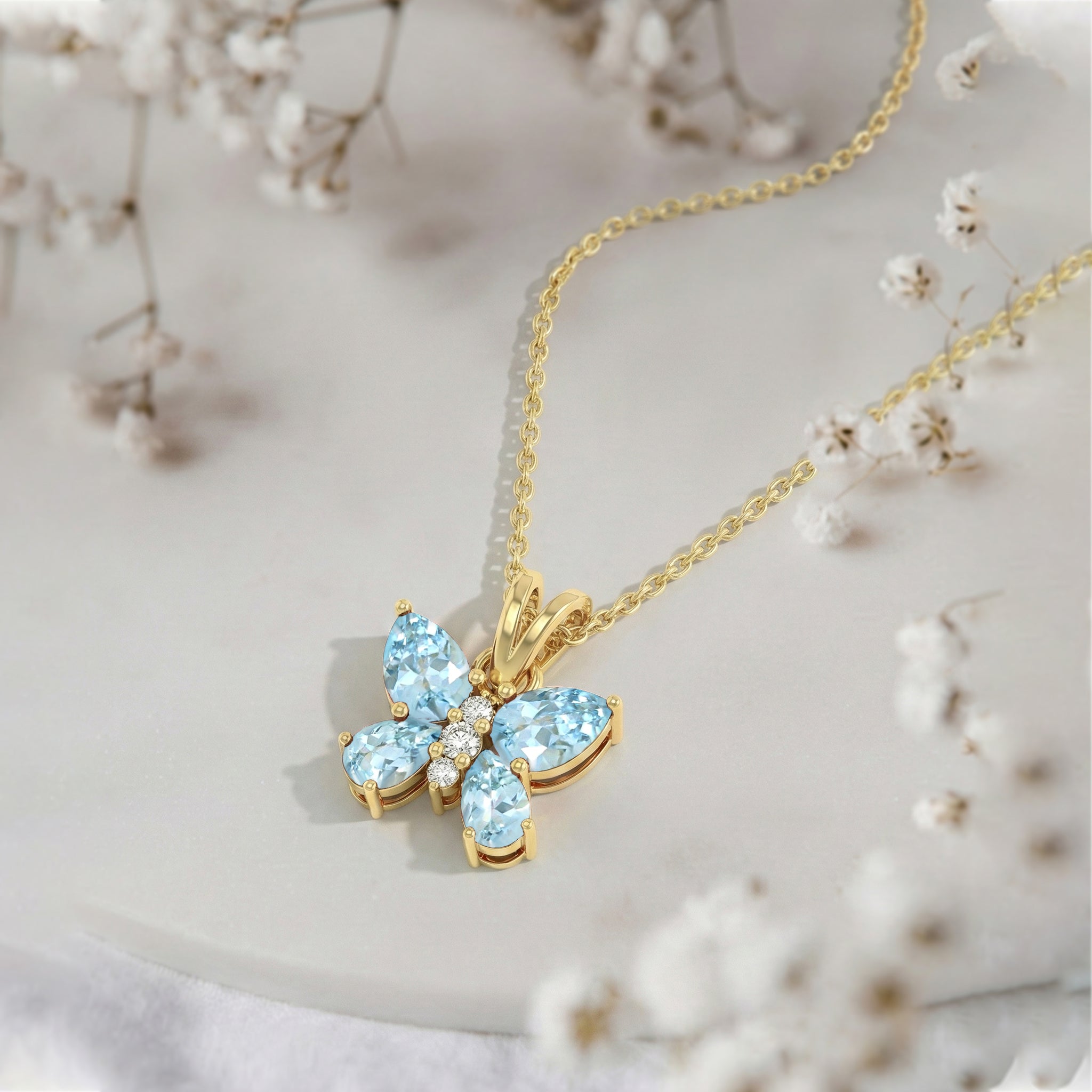 Aquamarine Pear Butterfly Pendant Necklace in Yellow Gold Plated 2ct