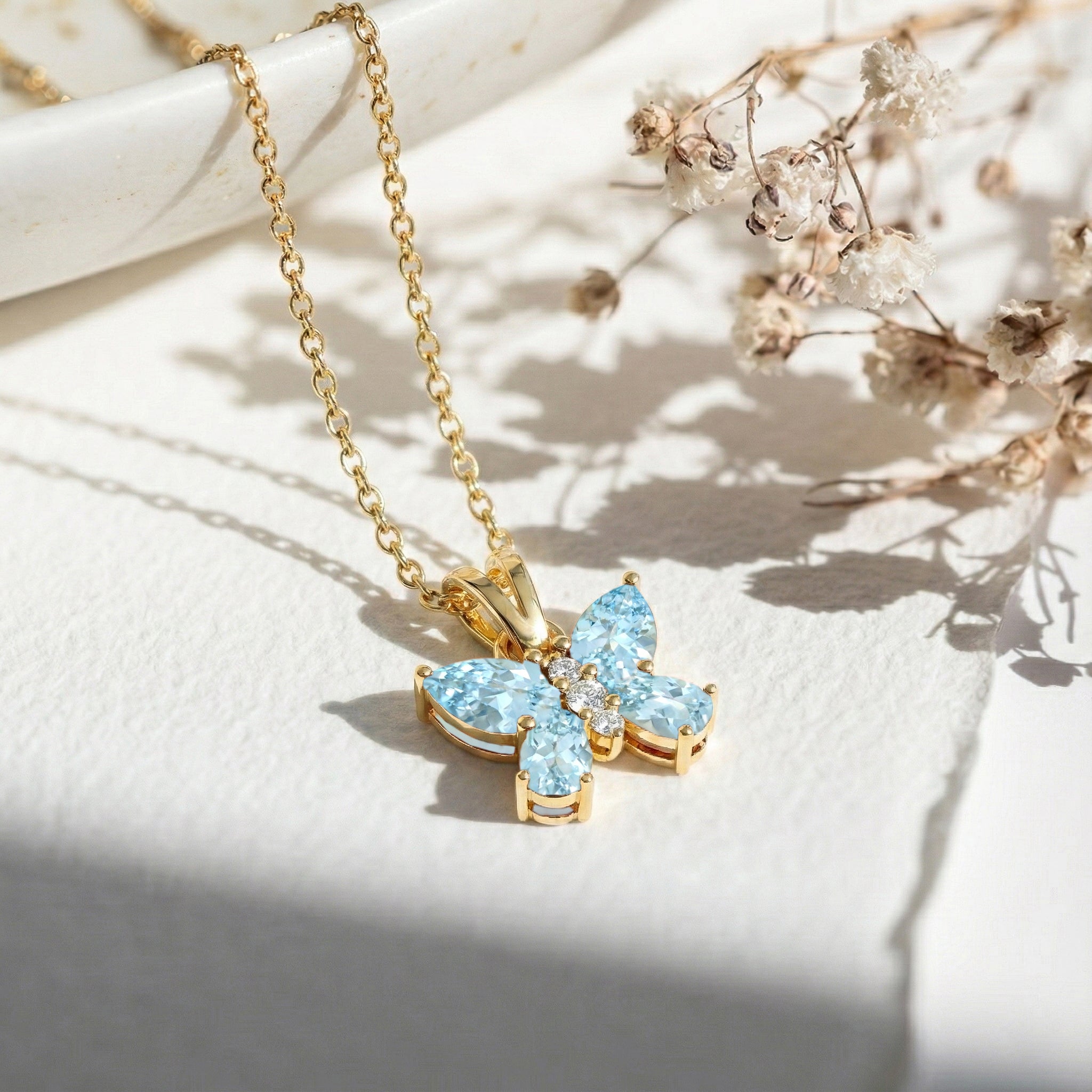 Aquamarine Pear Butterfly Pendant Necklace in Yellow Gold Plated 2ct