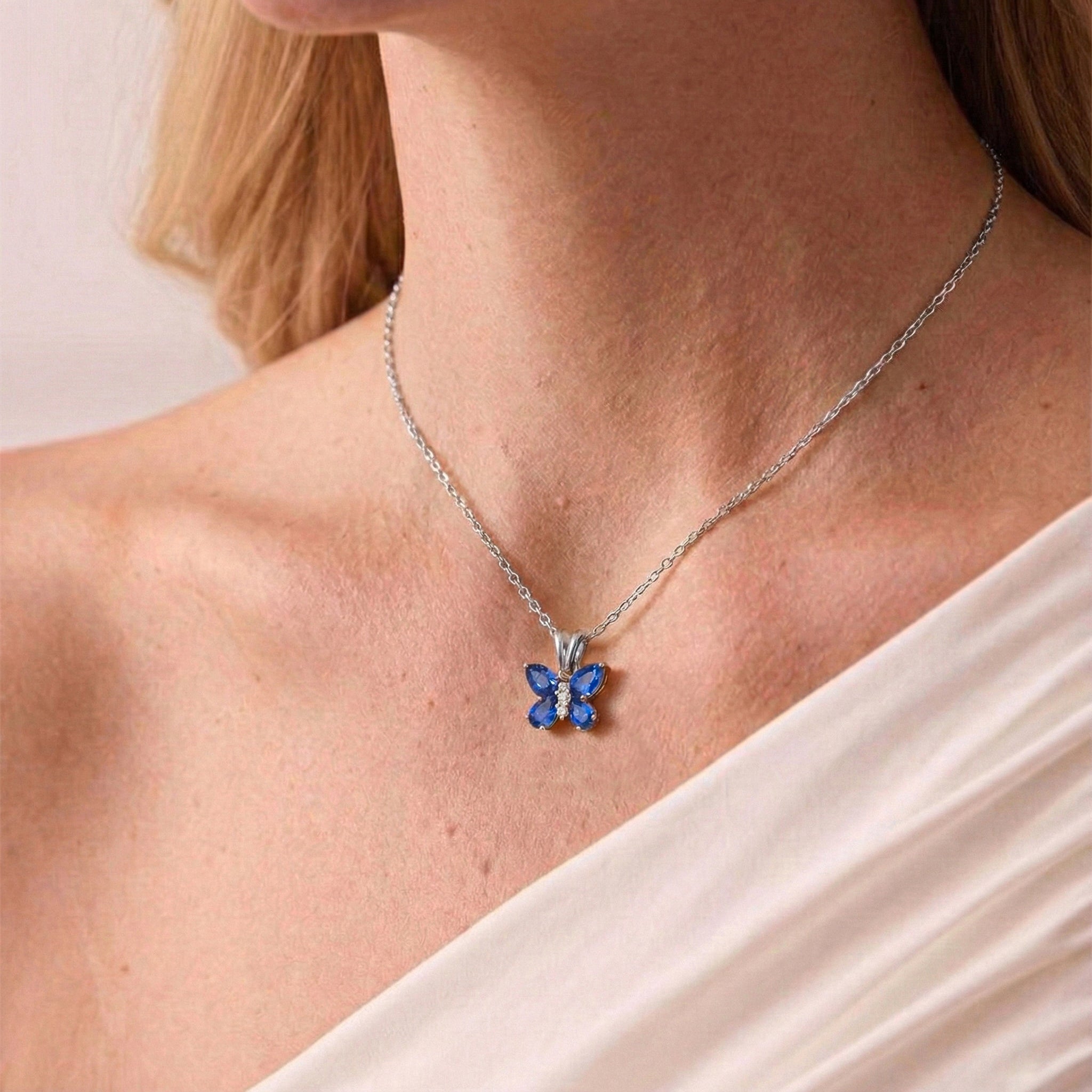 Blue Sapphire Pear Butterfly Pendant Necklace in 925 Sterling Silver 2ct