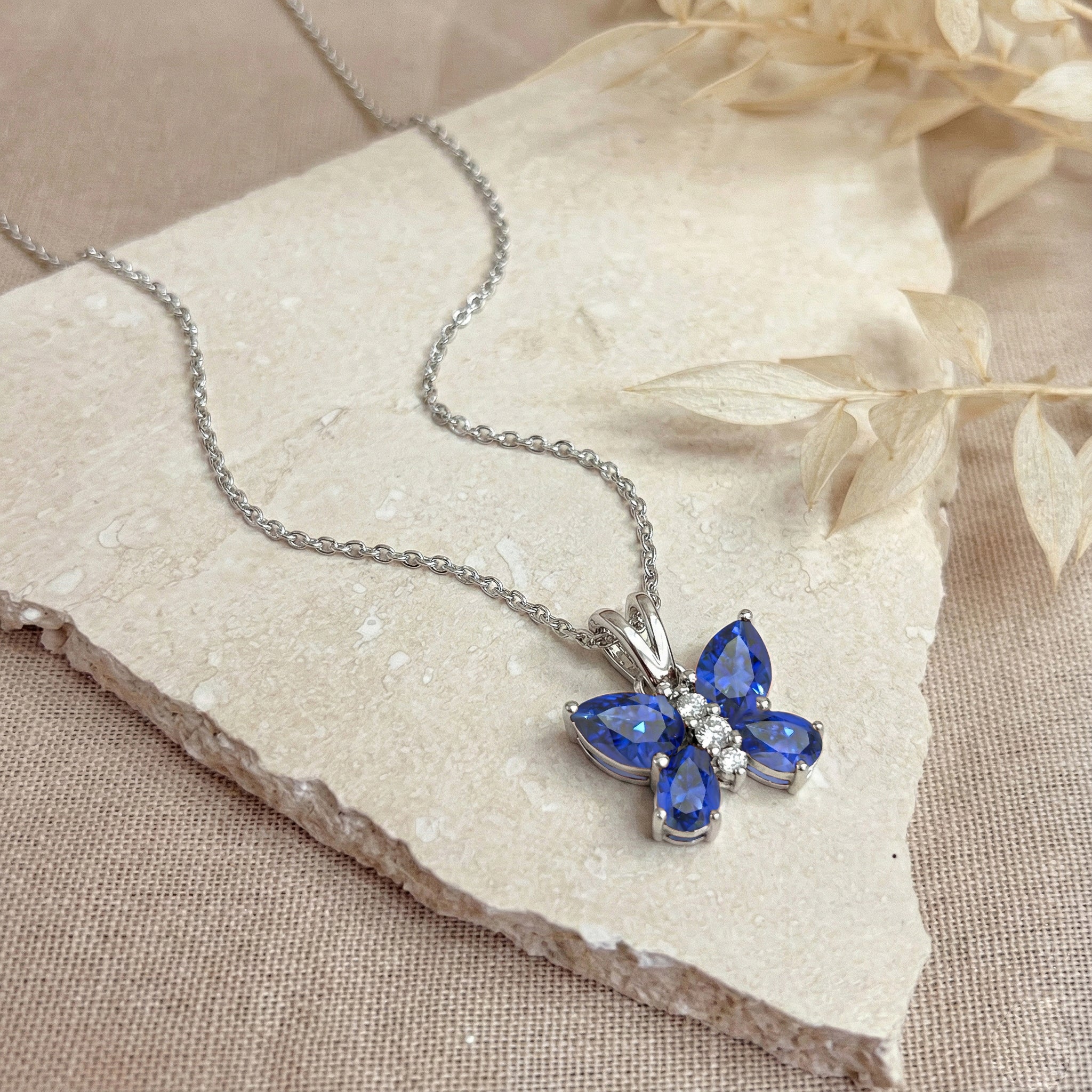 Blue Sapphire Pear Butterfly Pendant Necklace in 925 Sterling Silver 2ct
