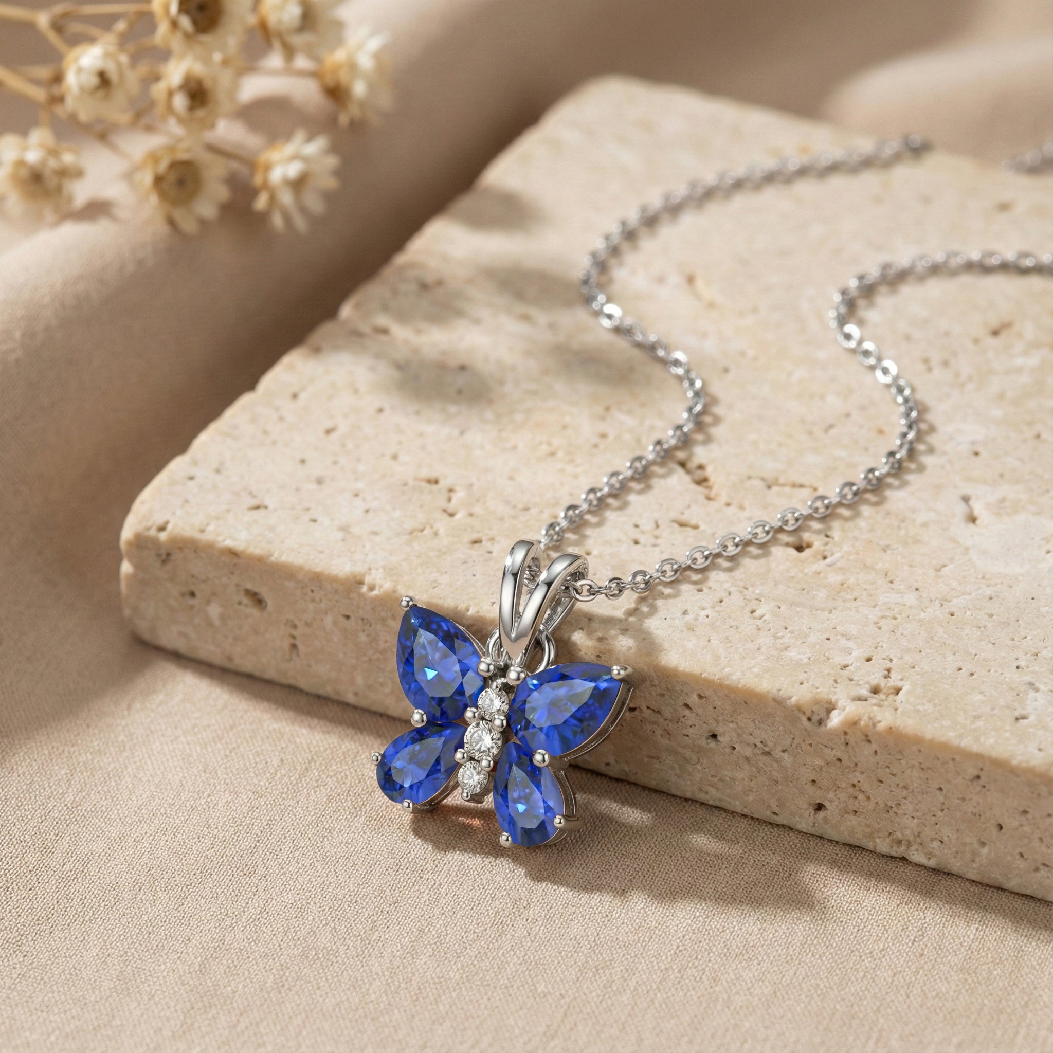 Blue Sapphire Pear Butterfly Pendant Necklace in 925 Sterling Silver 2ct