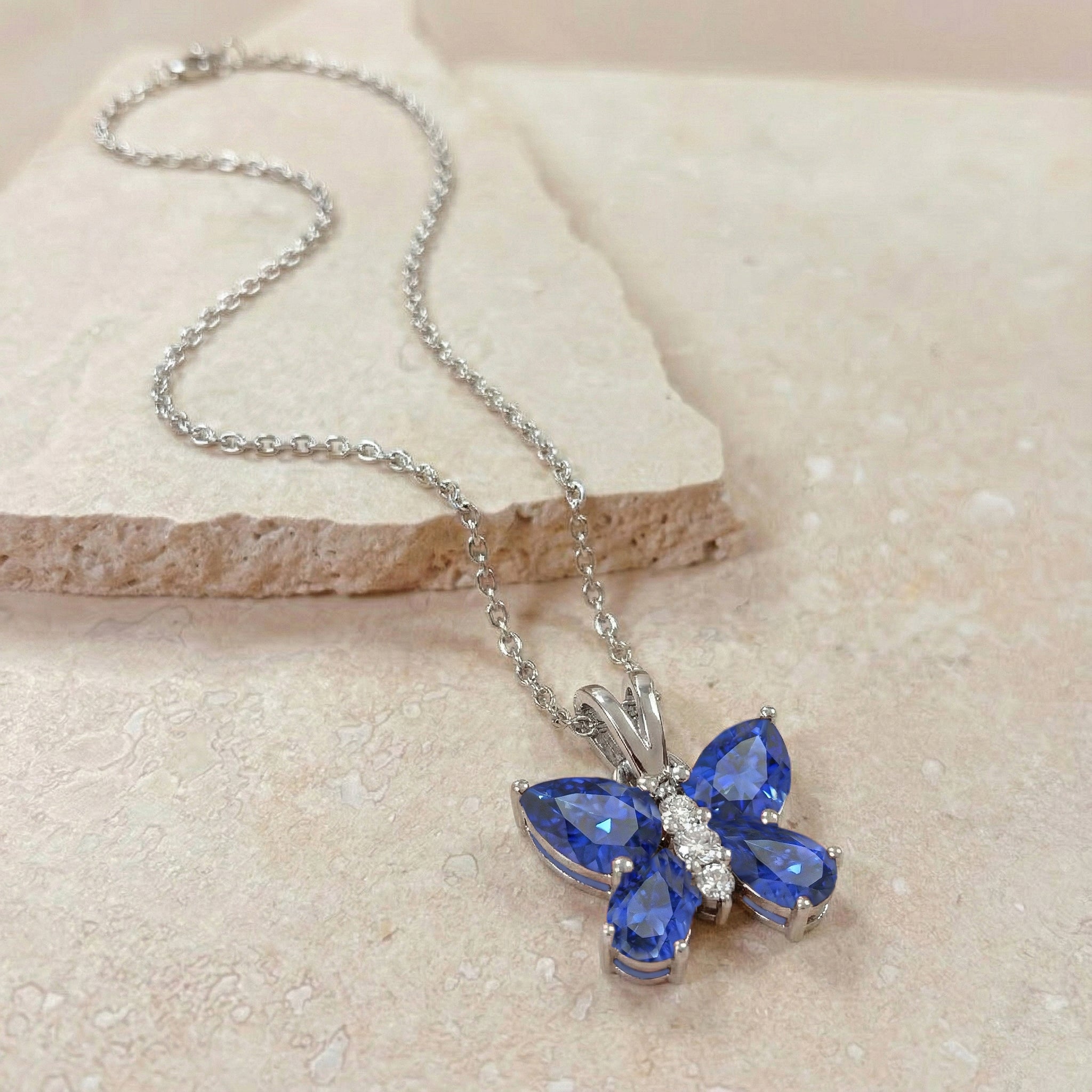 Blue Sapphire Pear Butterfly Pendant Necklace in 925 Sterling Silver 2ct